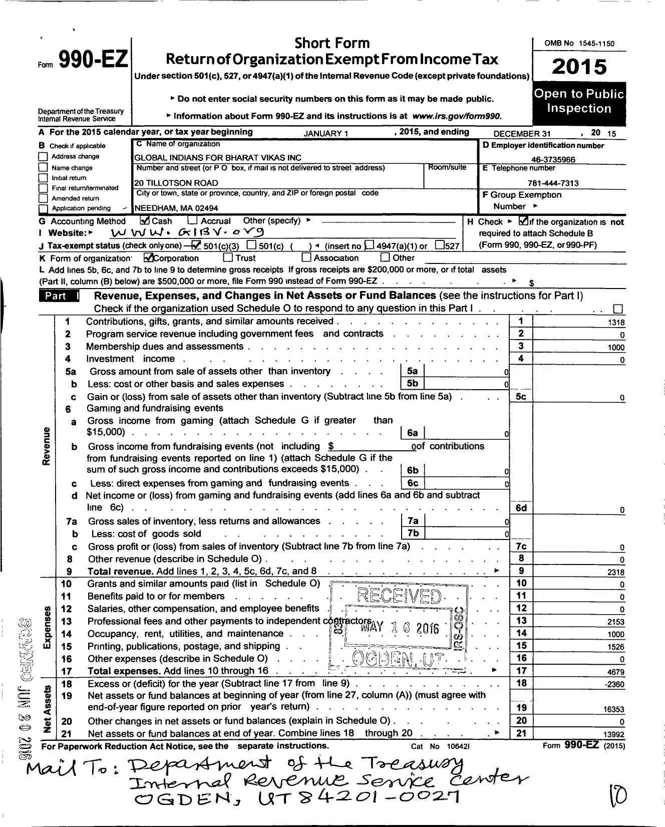 Image of first page of 2015 Form 990EZ for Global Indians for Bharat Vikas