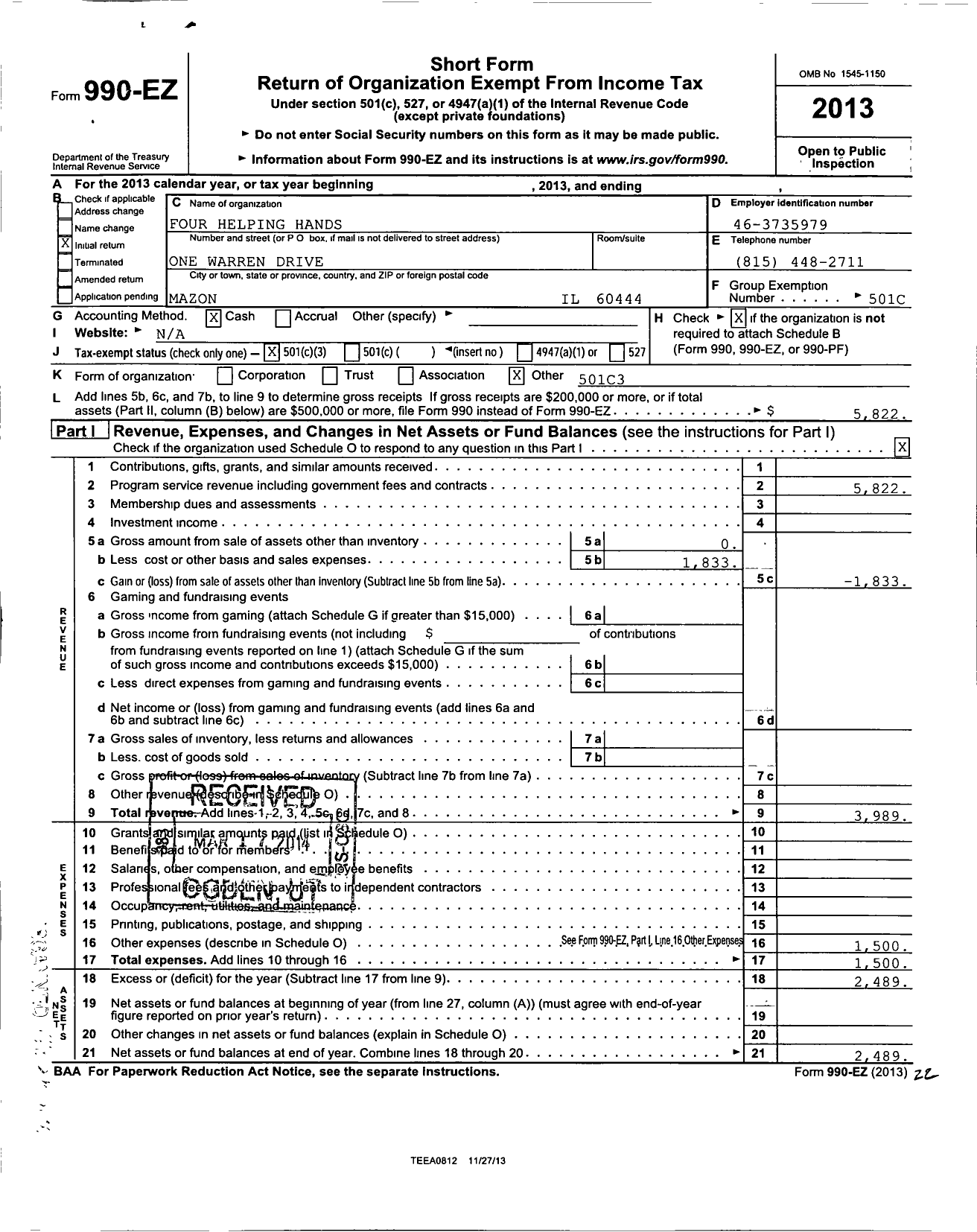 Image of first page of 2013 Form 990EZ for Four Helping Hands