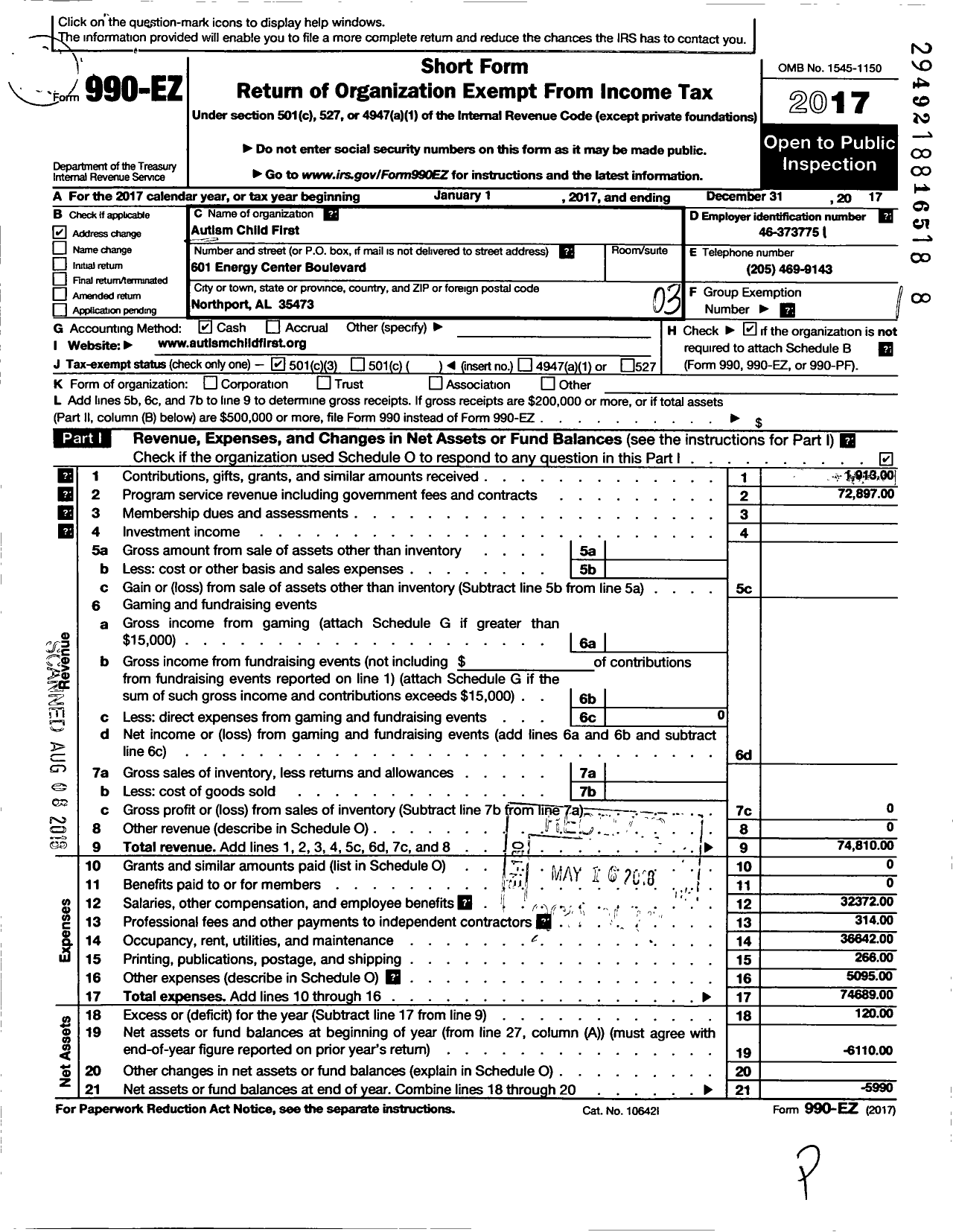 Image of first page of 2017 Form 990EZ for Autism Child First LLC