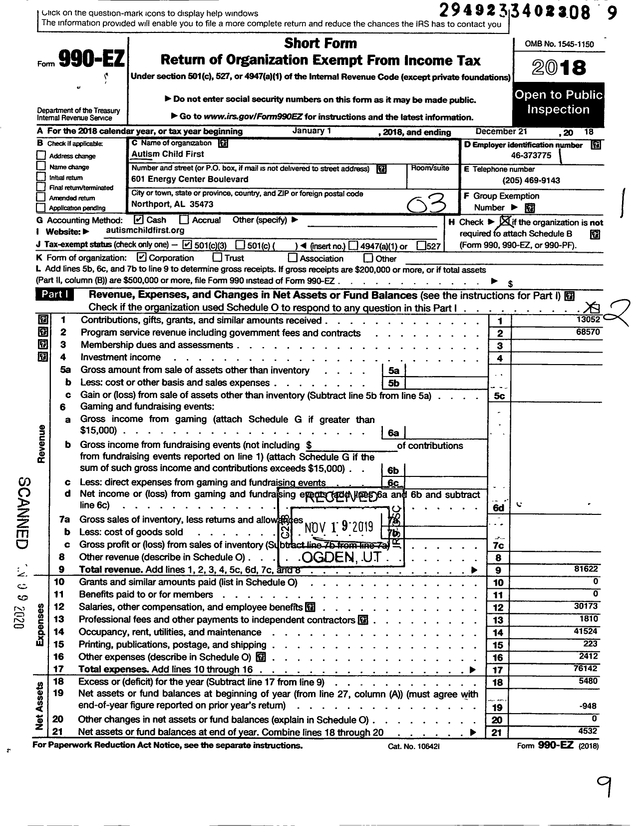 Image of first page of 2018 Form 990EZ for Autism Child First LLC