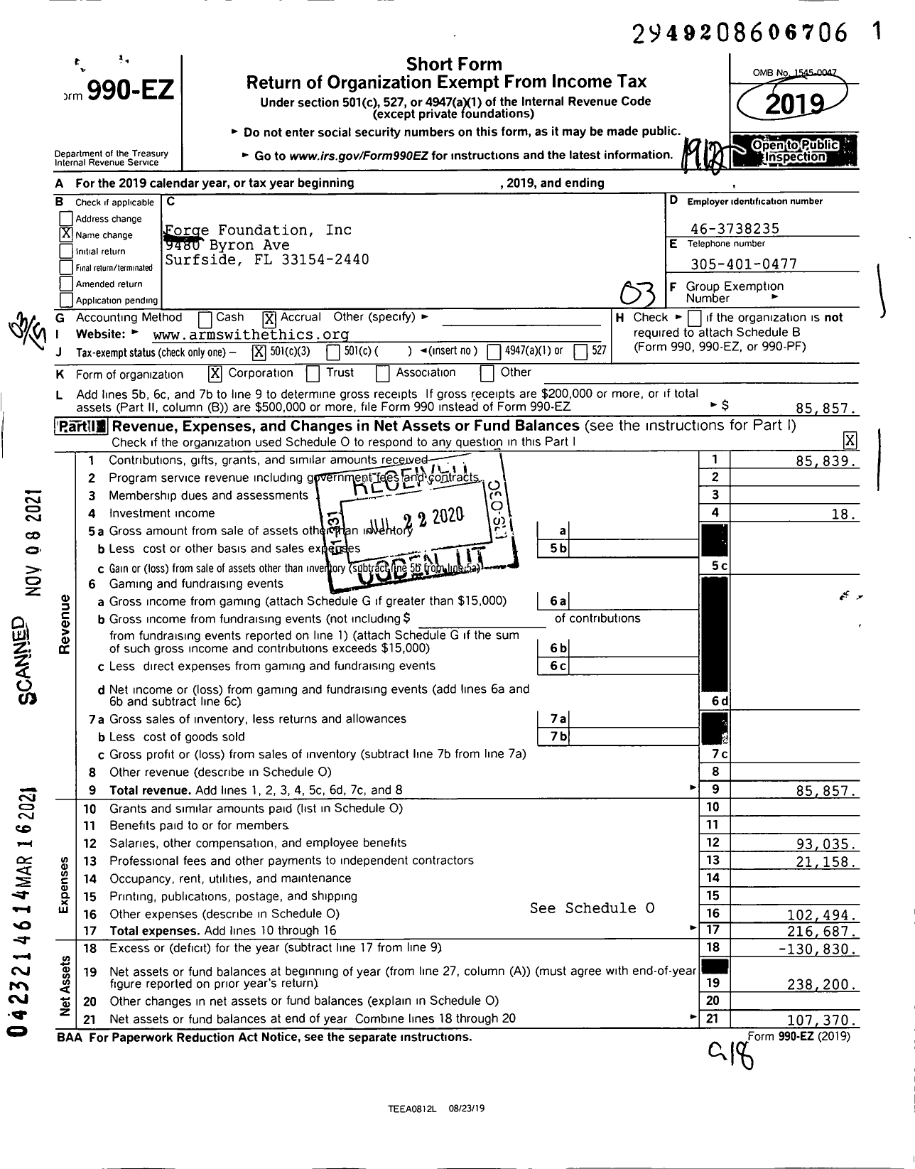 Image of first page of 2019 Form 990EZ for Forge Foundation