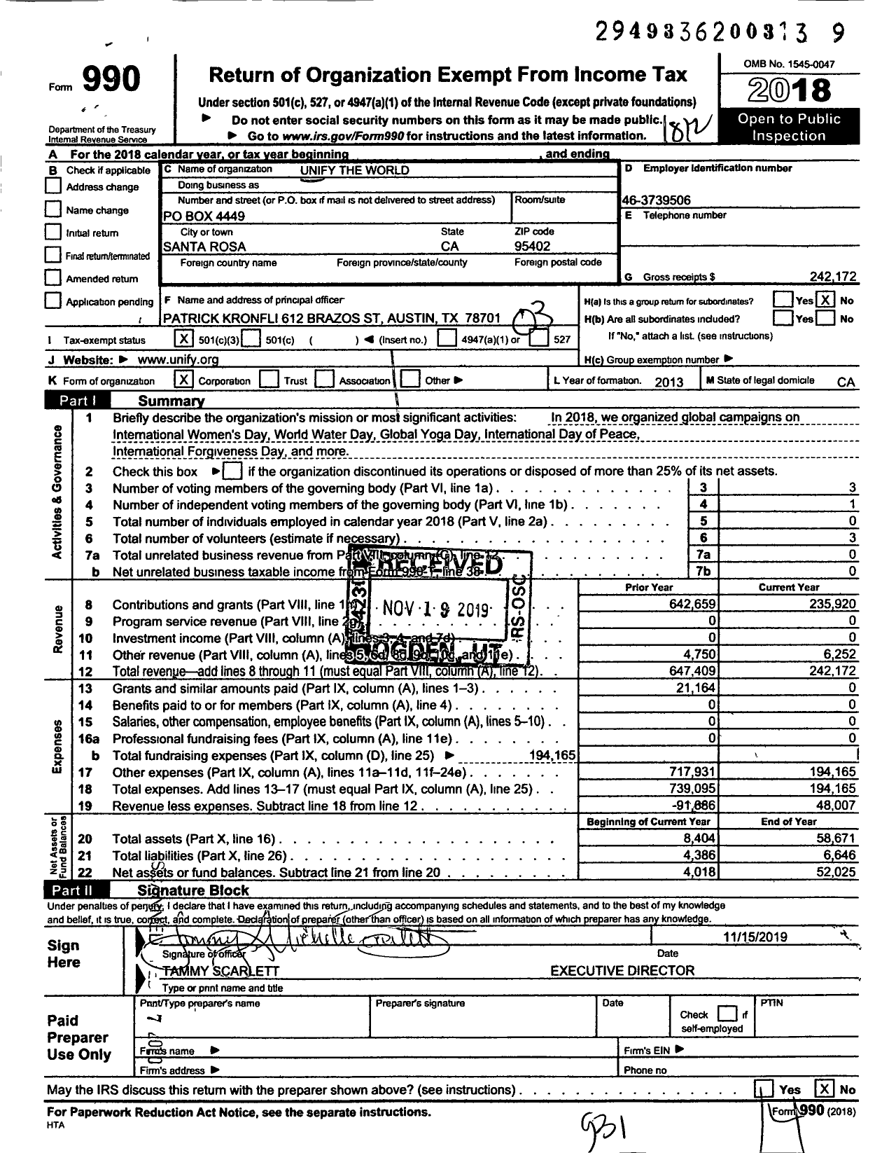 Image of first page of 2018 Form 990 for Unify the World