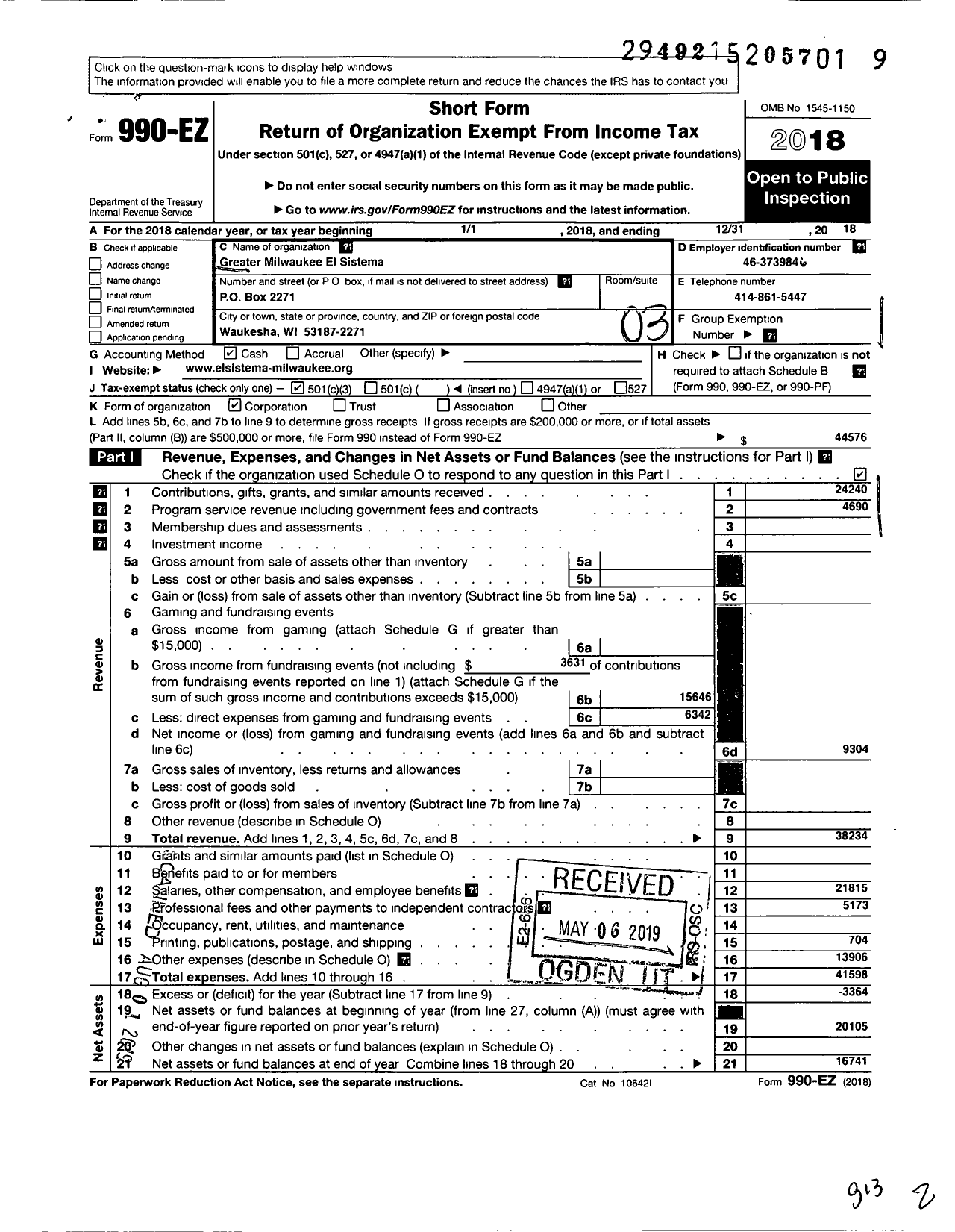 Image of first page of 2018 Form 990EZ for Greater Milwaukee El Sistema