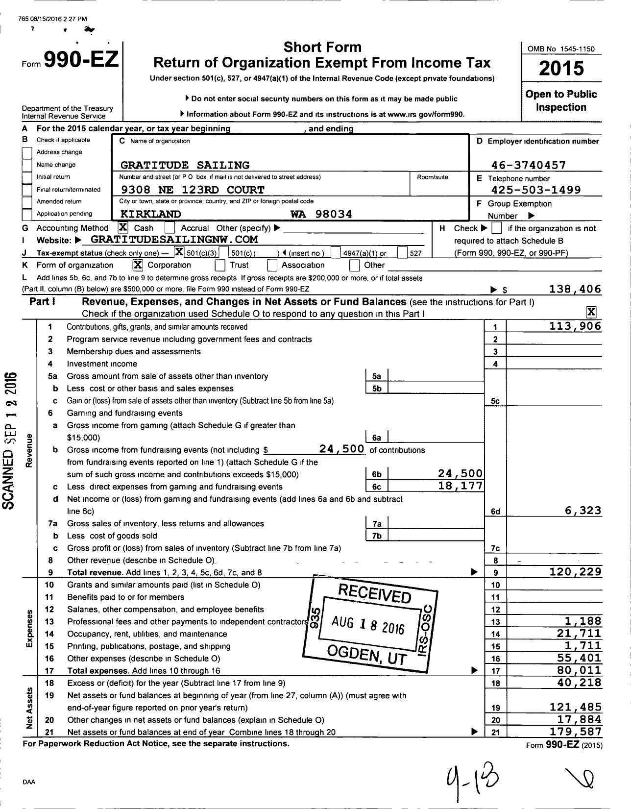 Image of first page of 2015 Form 990EZ for Gratitude Sailing