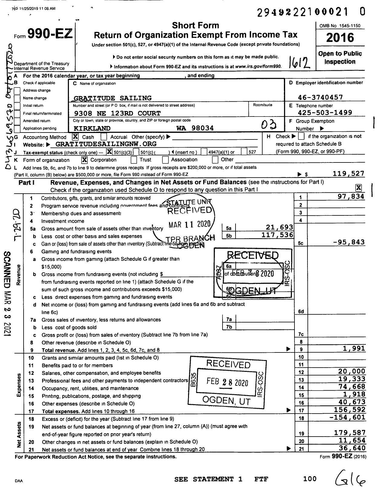 Image of first page of 2016 Form 990EZ for Gratitude Sailing