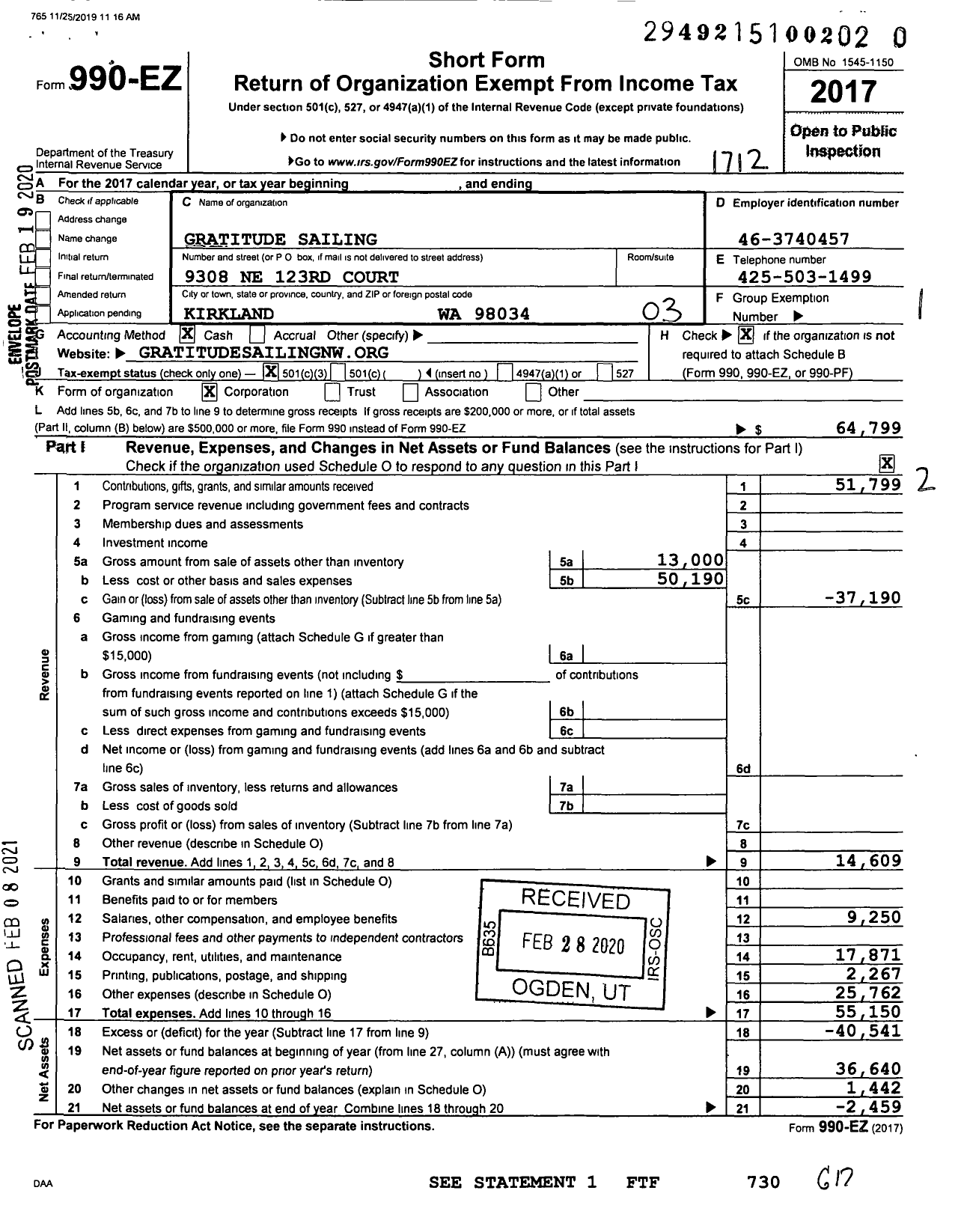 Image of first page of 2017 Form 990EZ for Gratitude Sailing