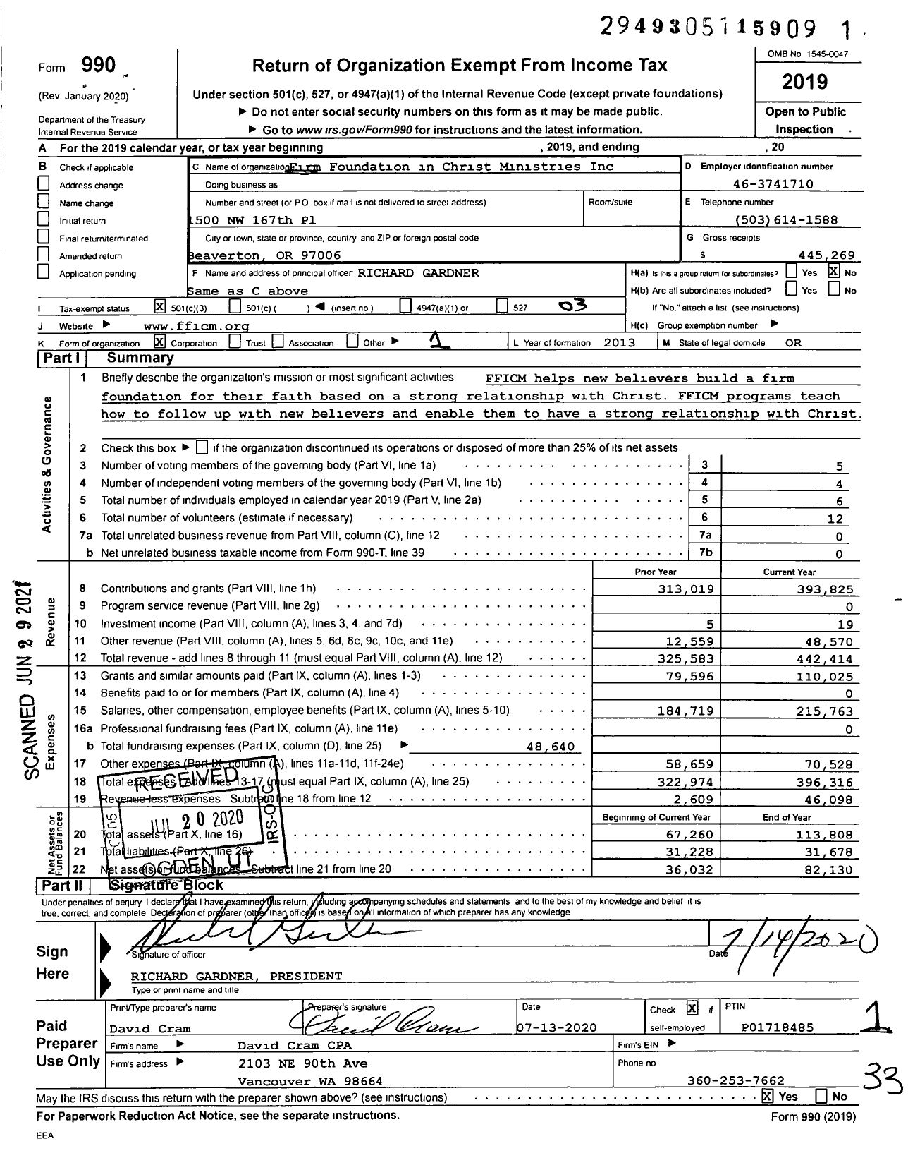 Image of first page of 2019 Form 990 for Firm Foundation in Christ Ministries