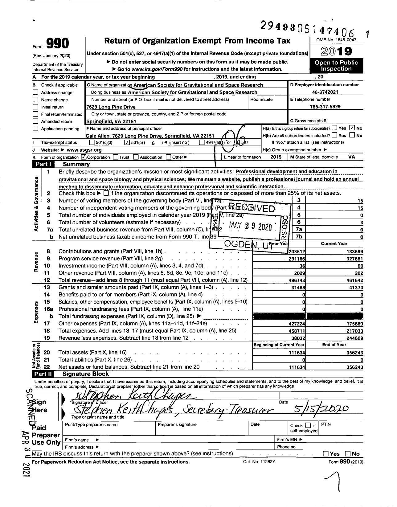 Image of first page of 2019 Form 990O for American Society for Gravitational and Space Research