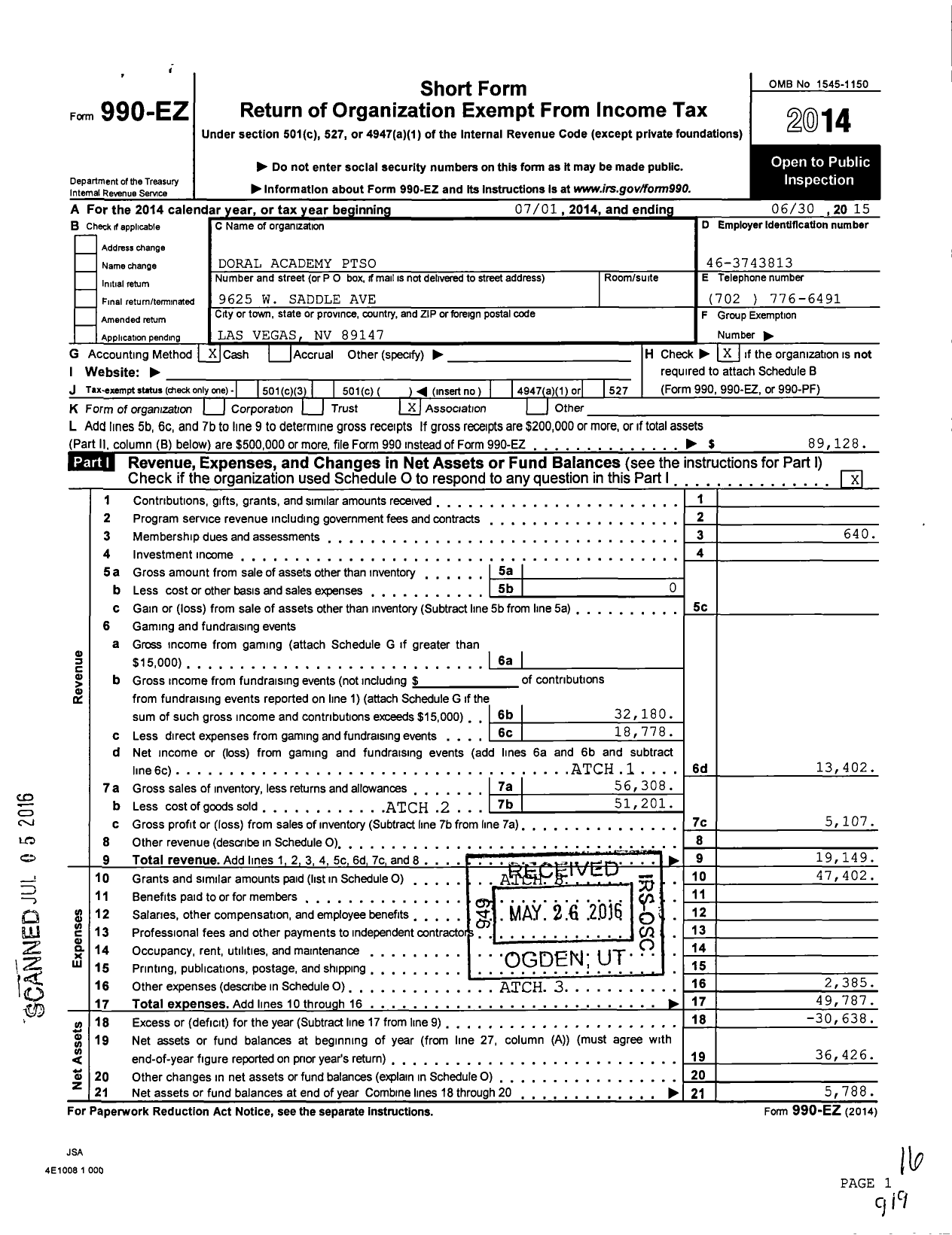 Image of first page of 2014 Form 990EO for Doral Academy PTSO