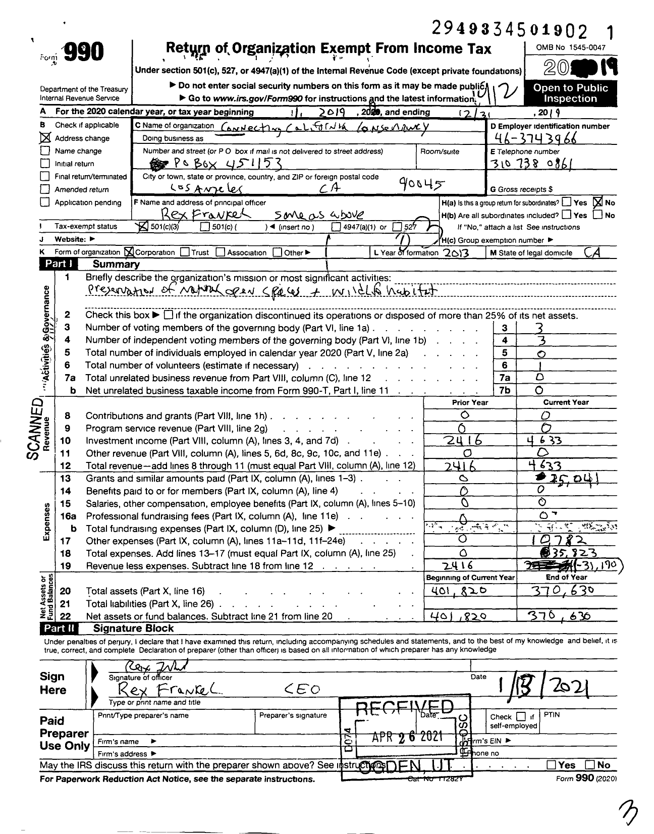 Image of first page of 2019 Form 990 for Connecting California Conservancy