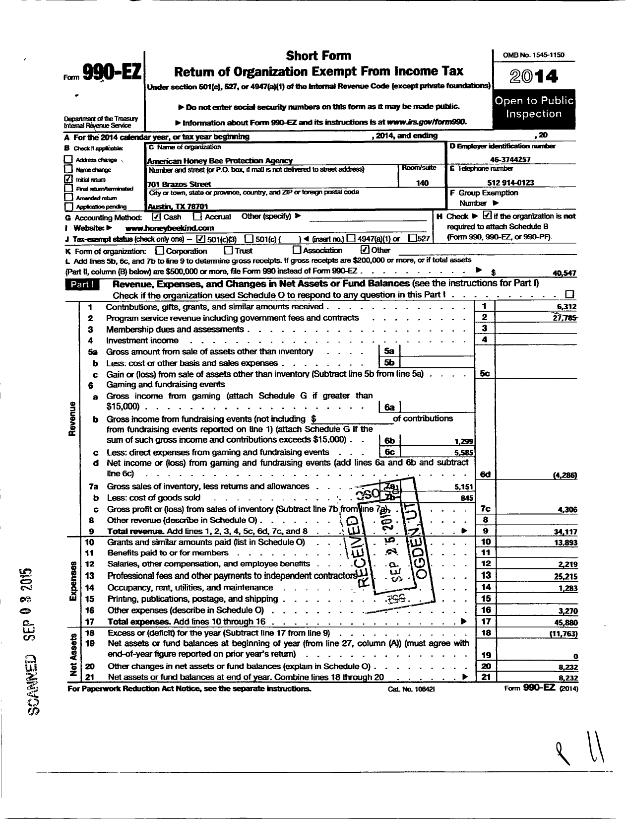 Image of first page of 2014 Form 990EZ for American Honey Bee Protection Agency