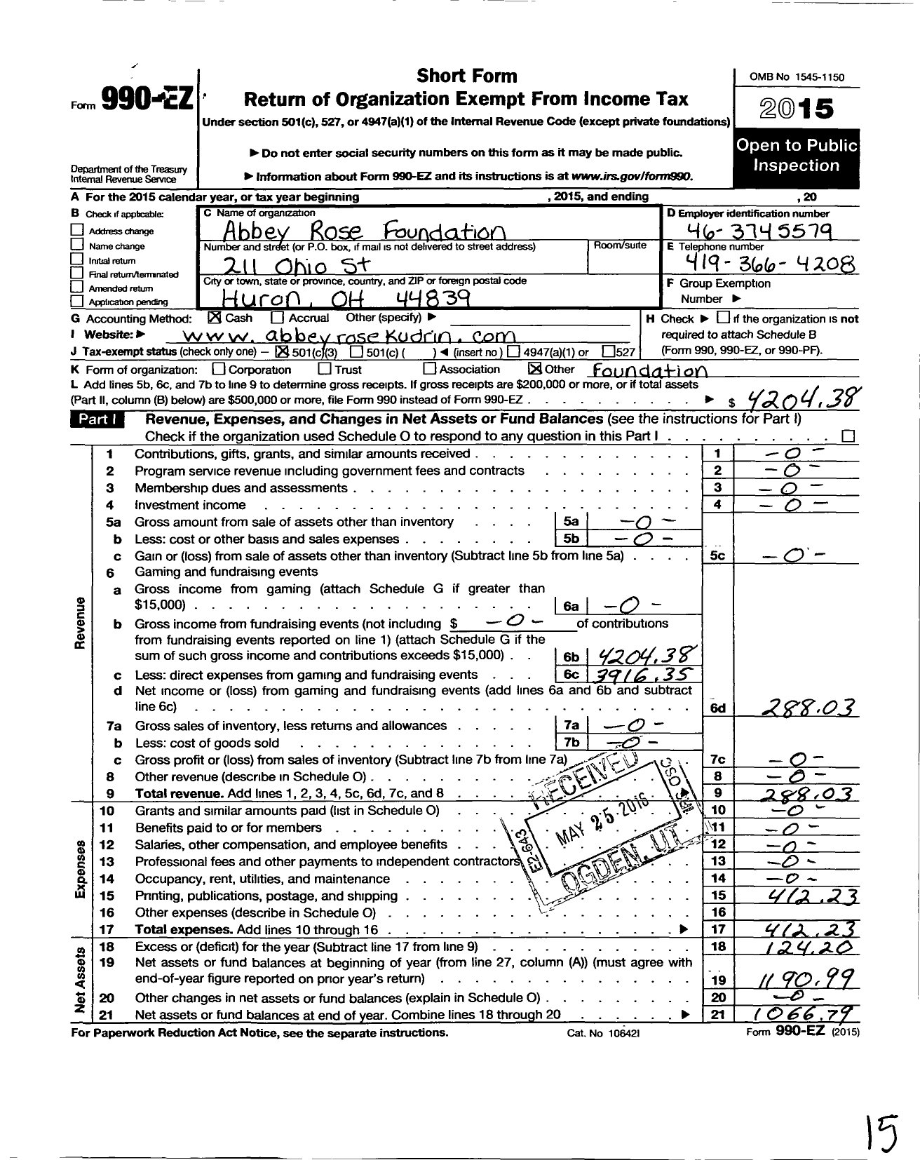 Image of first page of 2015 Form 990EZ for The Abbey Rose Foundation