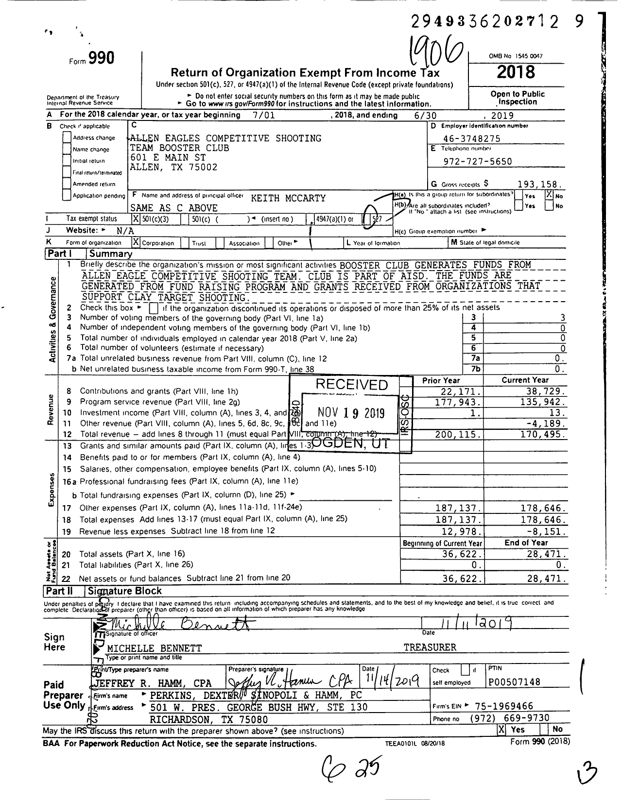 Image of first page of 2018 Form 990 for Team Booster Club