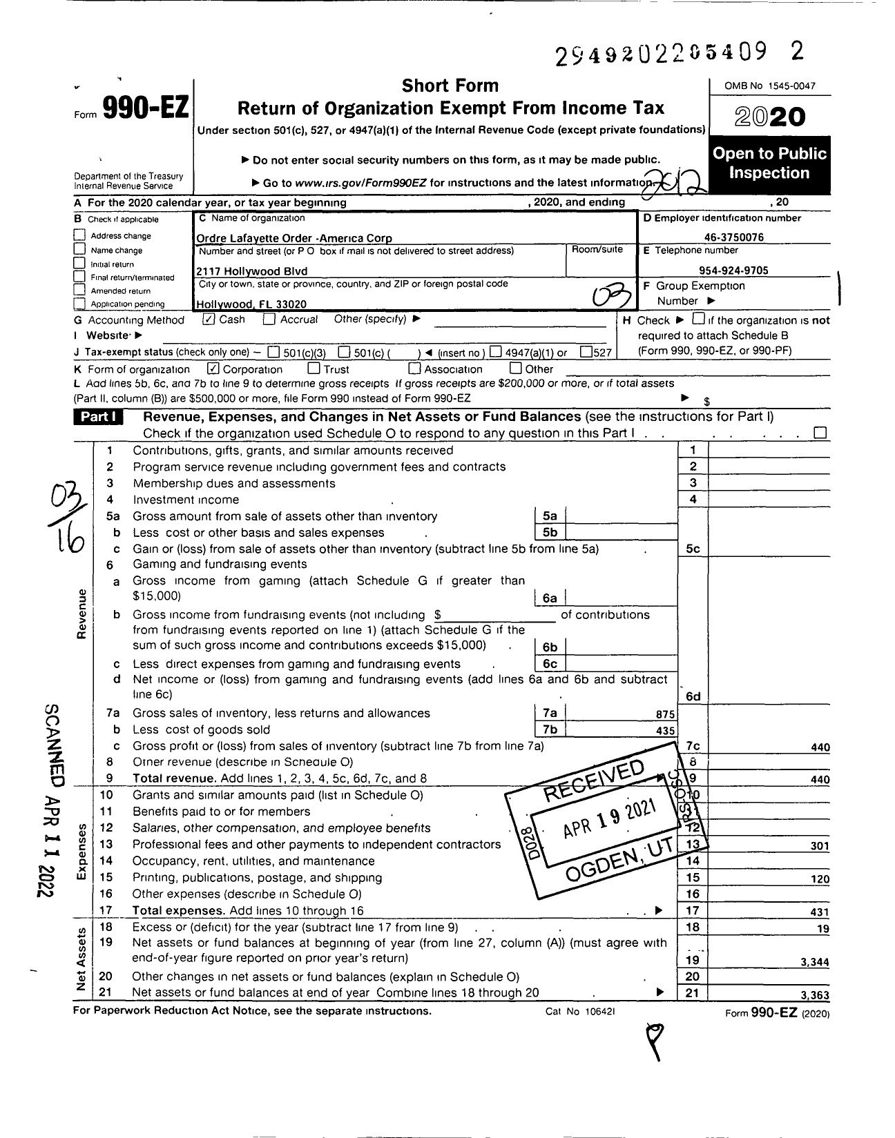 Image of first page of 2020 Form 990EZ for Ordre Lafayette Order America Corporation