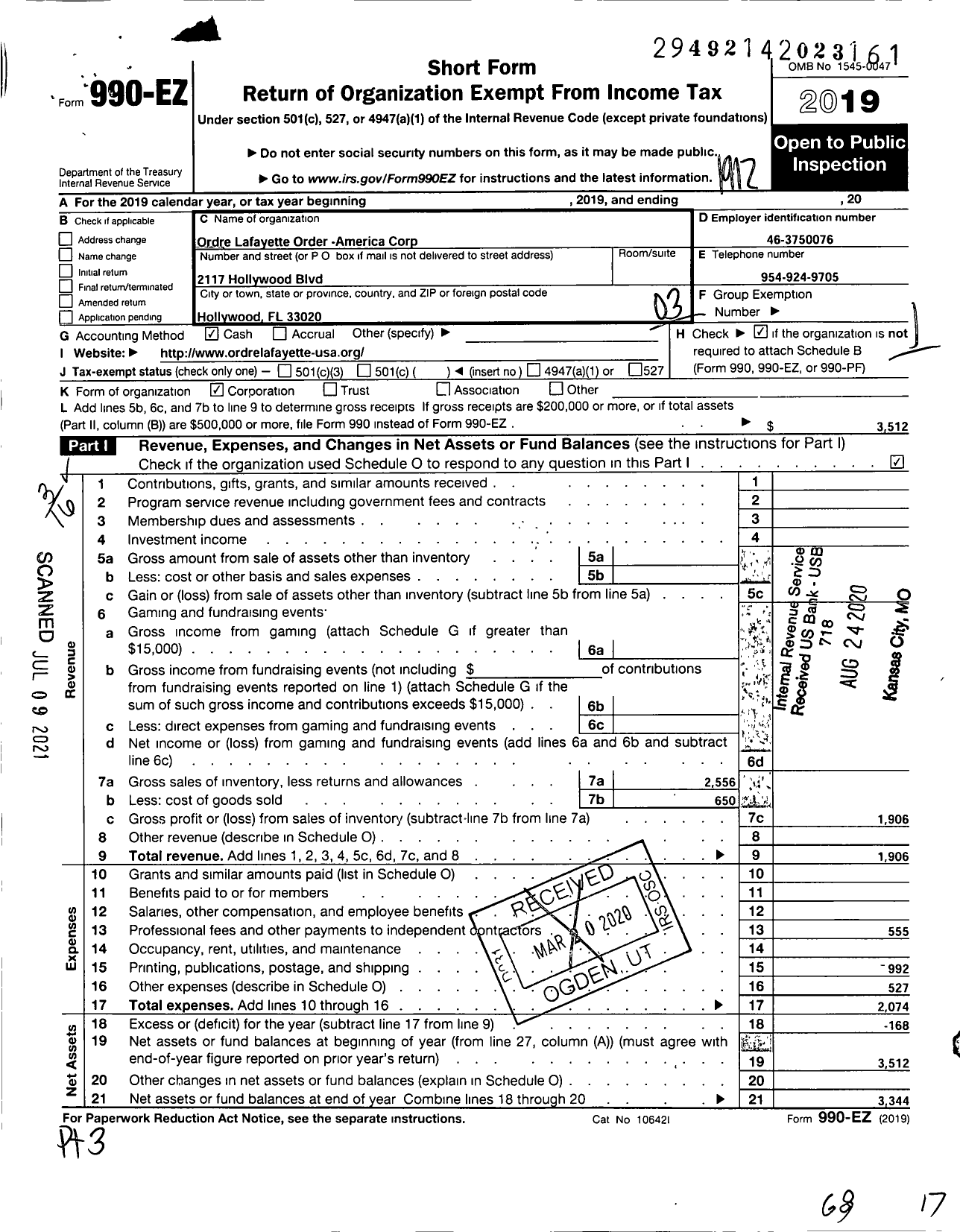 Image of first page of 2019 Form 990EZ for Ordre Lafayette Order America Corporation