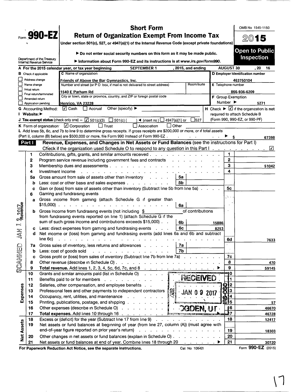 Image of first page of 2015 Form 990EZ for Parent Booster USA / Friends of Above the Bar Gymnastics