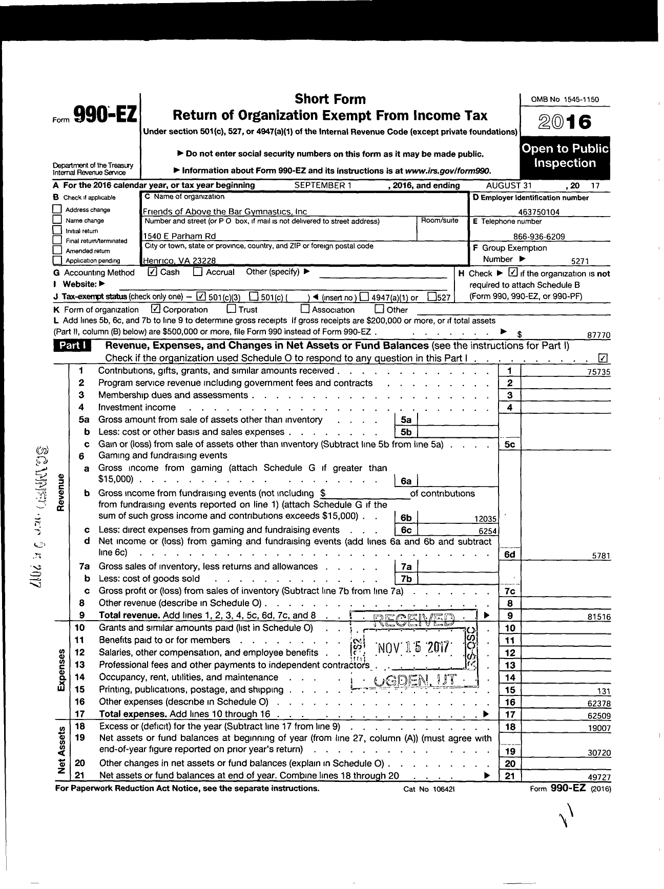 Image of first page of 2016 Form 990EZ for Parent Booster USA / Friends of Above the Bar Gymnastics