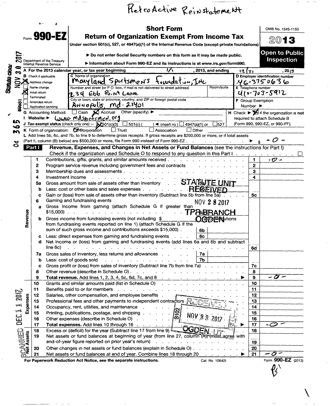Image of first page of 2013 Form 990EZ for Maryland Sportsmens Foundation
