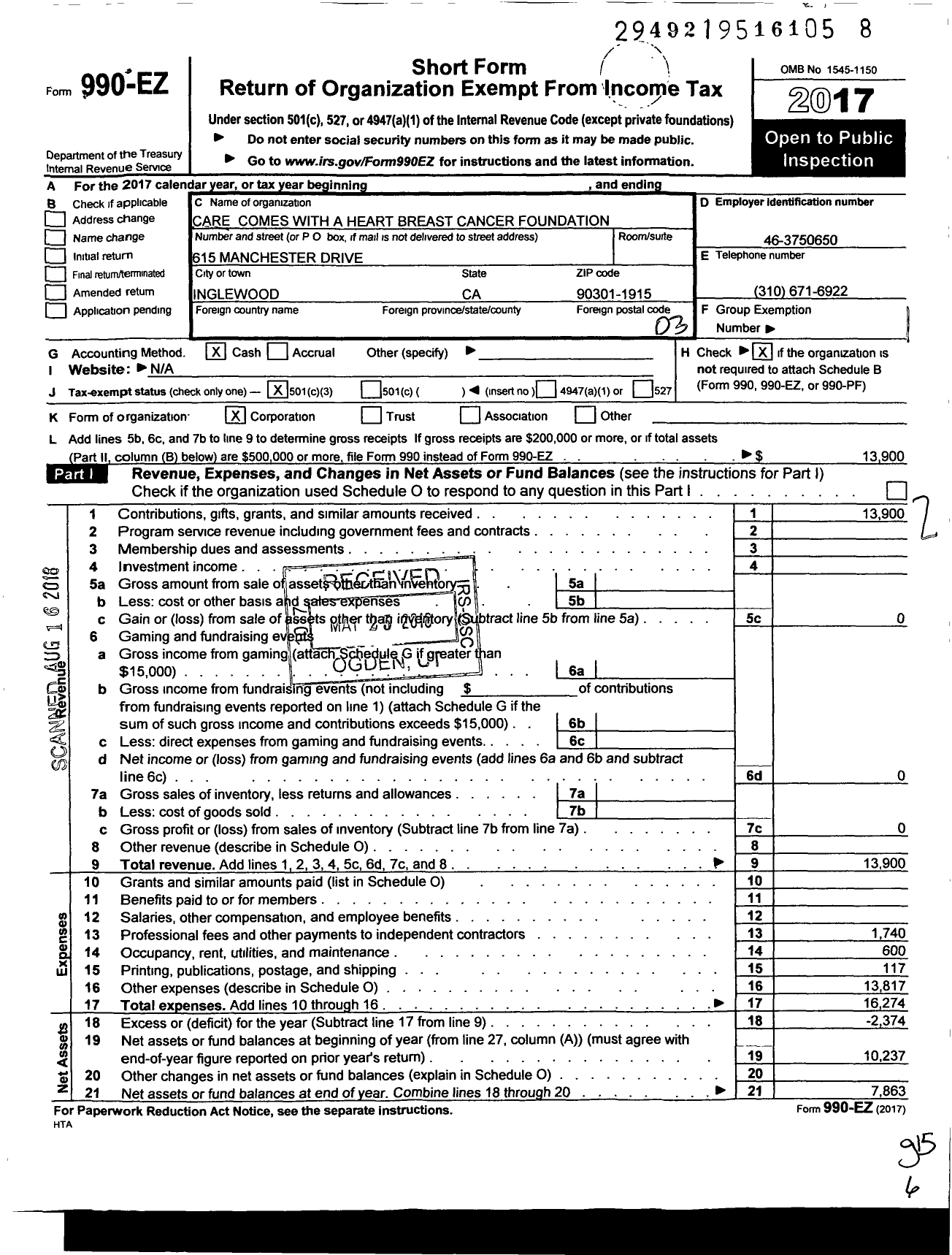 Image of first page of 2017 Form 990EZ for Care Comes with A Heart Breast Cancer Foundation
