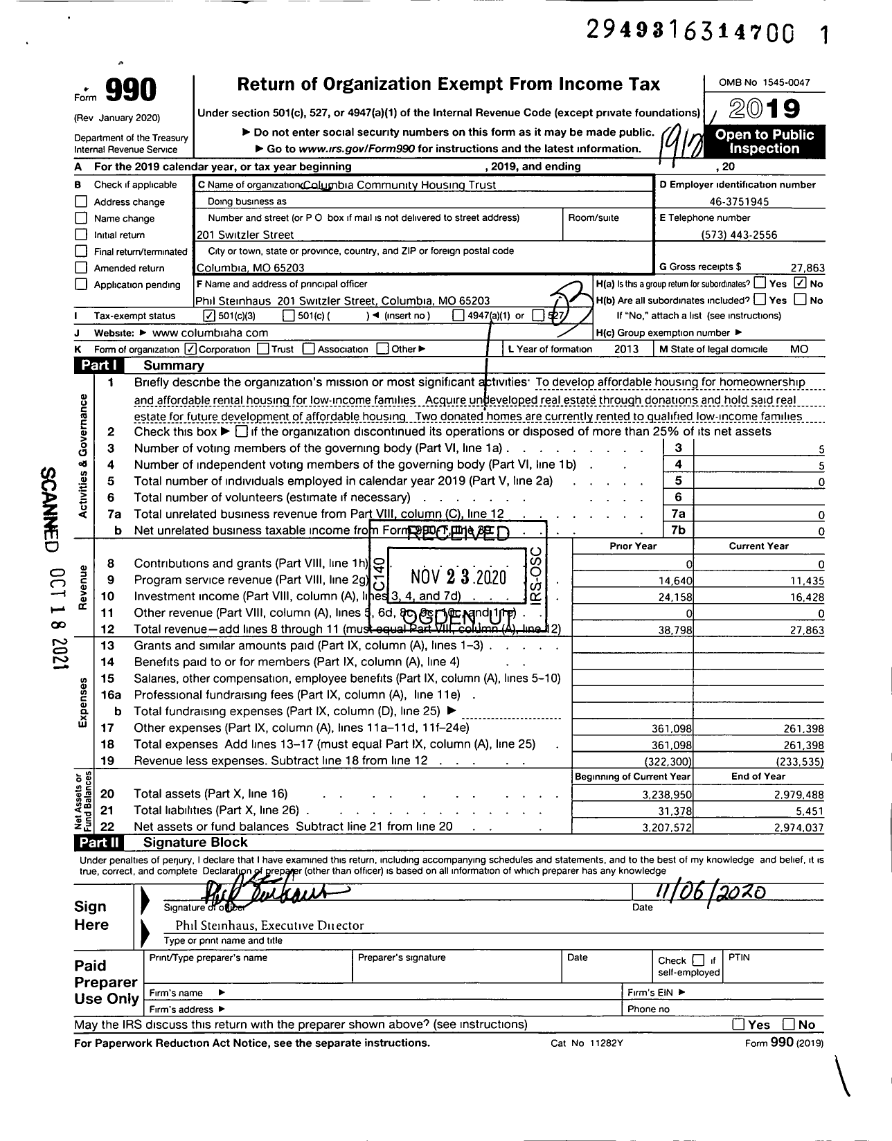 Image of first page of 2019 Form 990 for Columbia Community Housing Trust