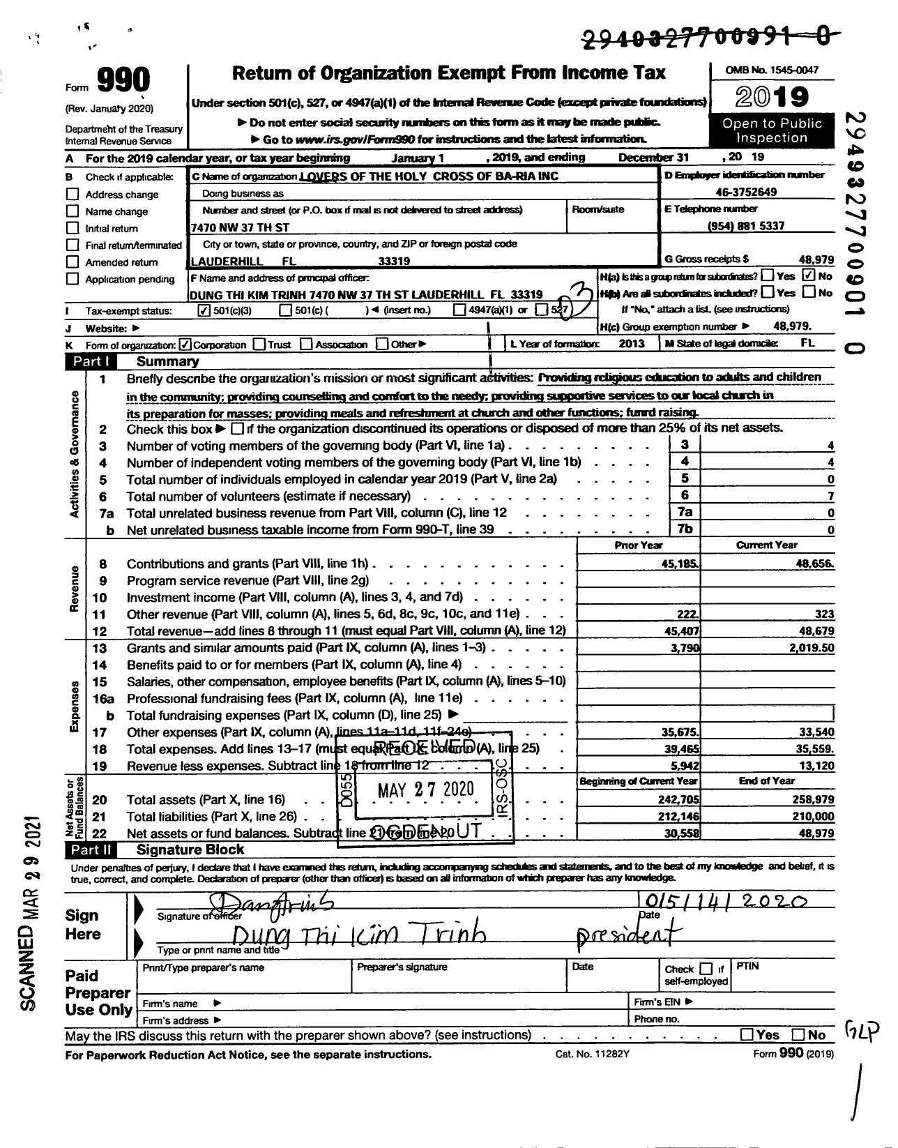 Image of first page of 2019 Form 990 for Lovers of the Holy Cross Ba-Ria