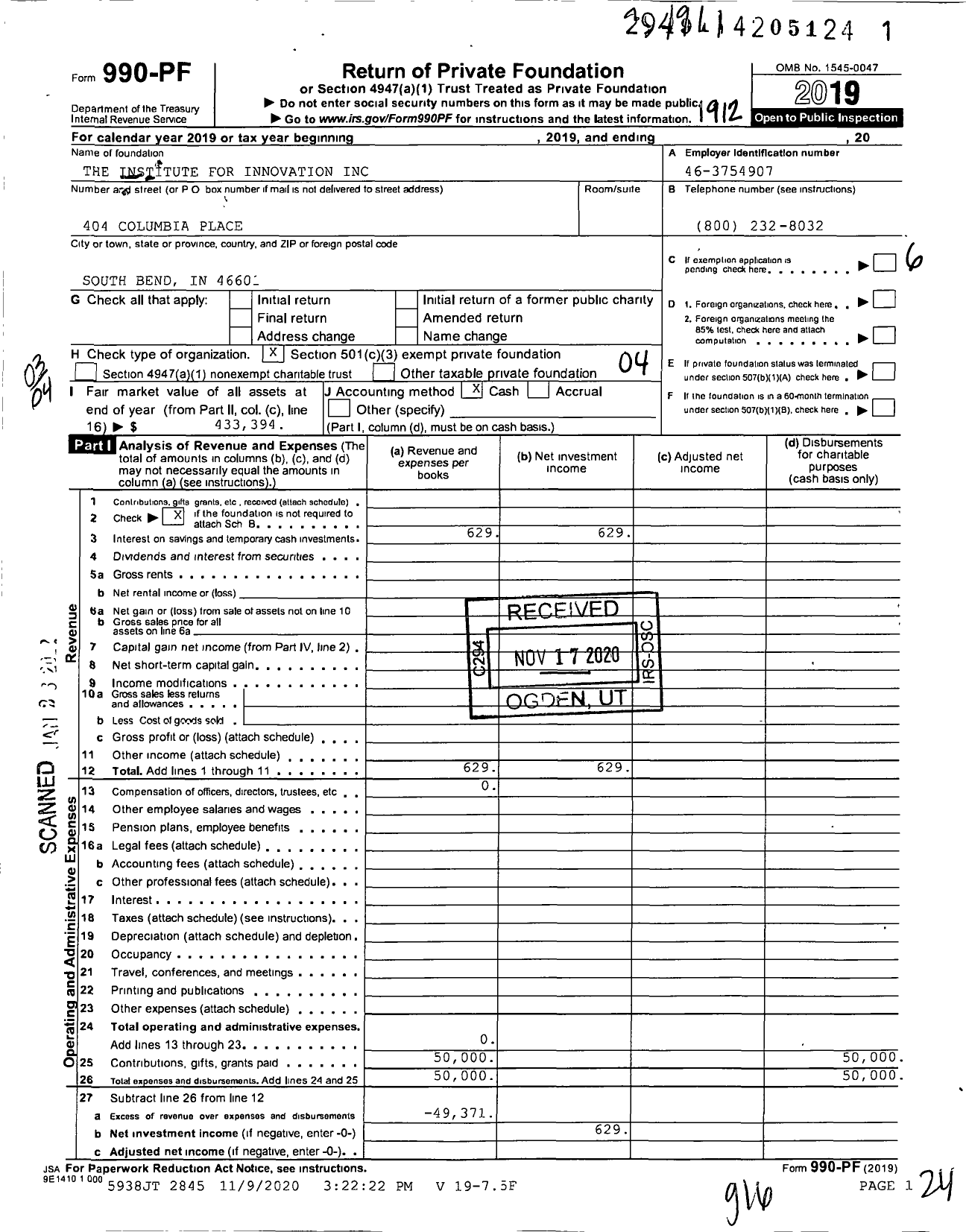 Image of first page of 2019 Form 990PF for The Institute for Innovation