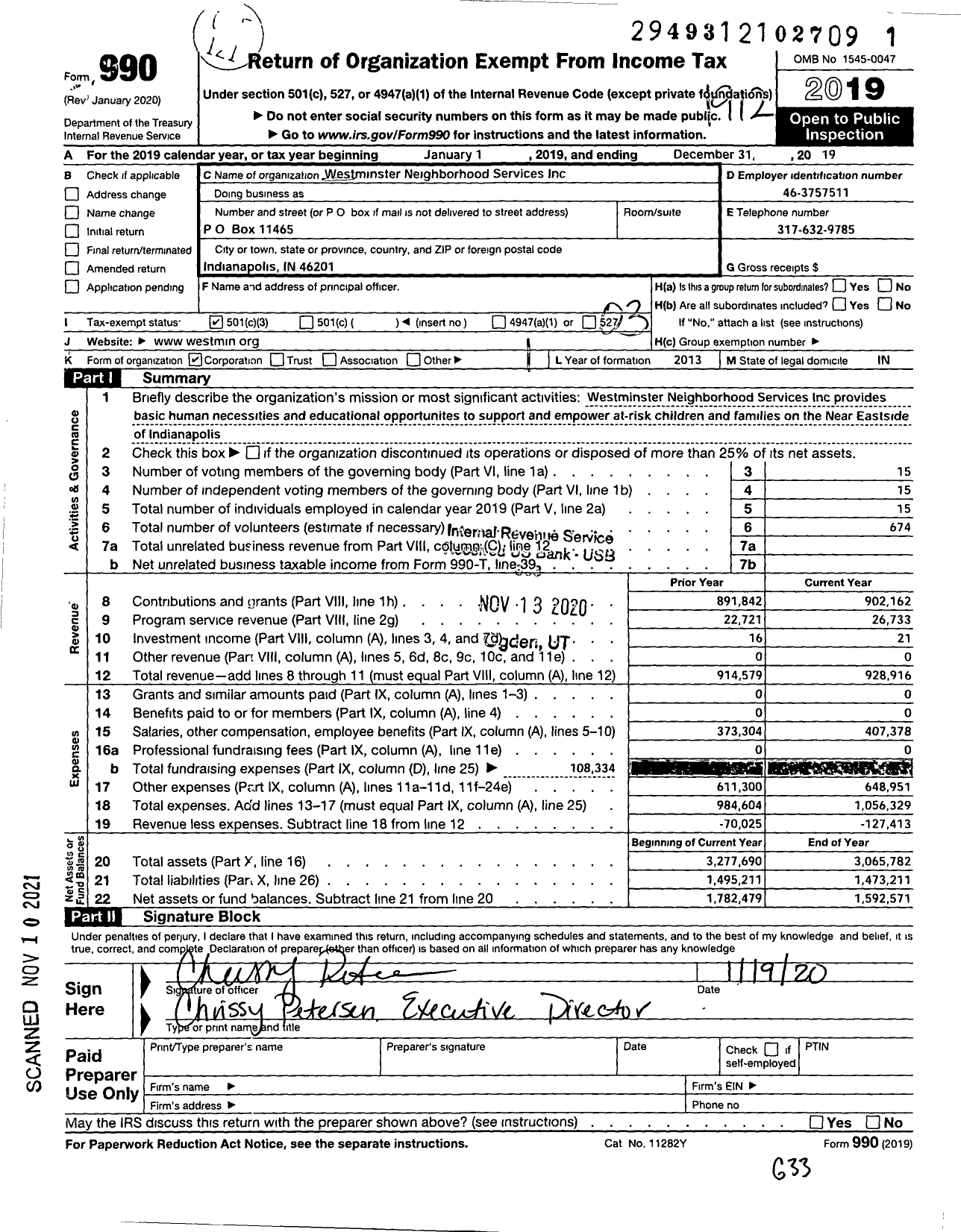 Image of first page of 2019 Form 990 for Westminster Neighborhood Services