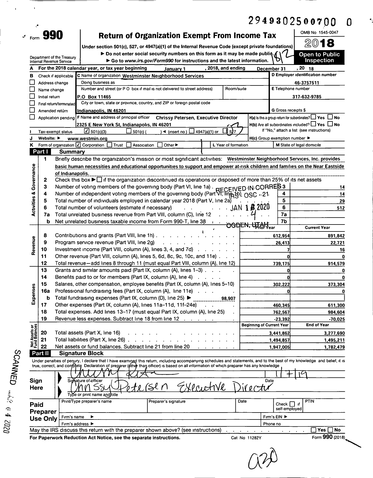 Image of first page of 2018 Form 990 for Westminster Neighborhood Services