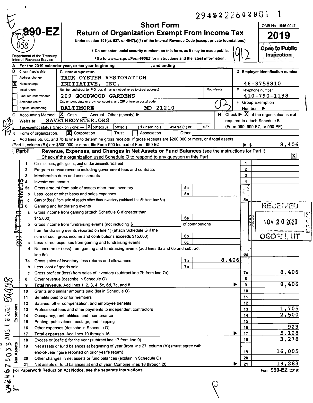 Image of first page of 2019 Form 990EZ for True Oyster Restoration Initiative