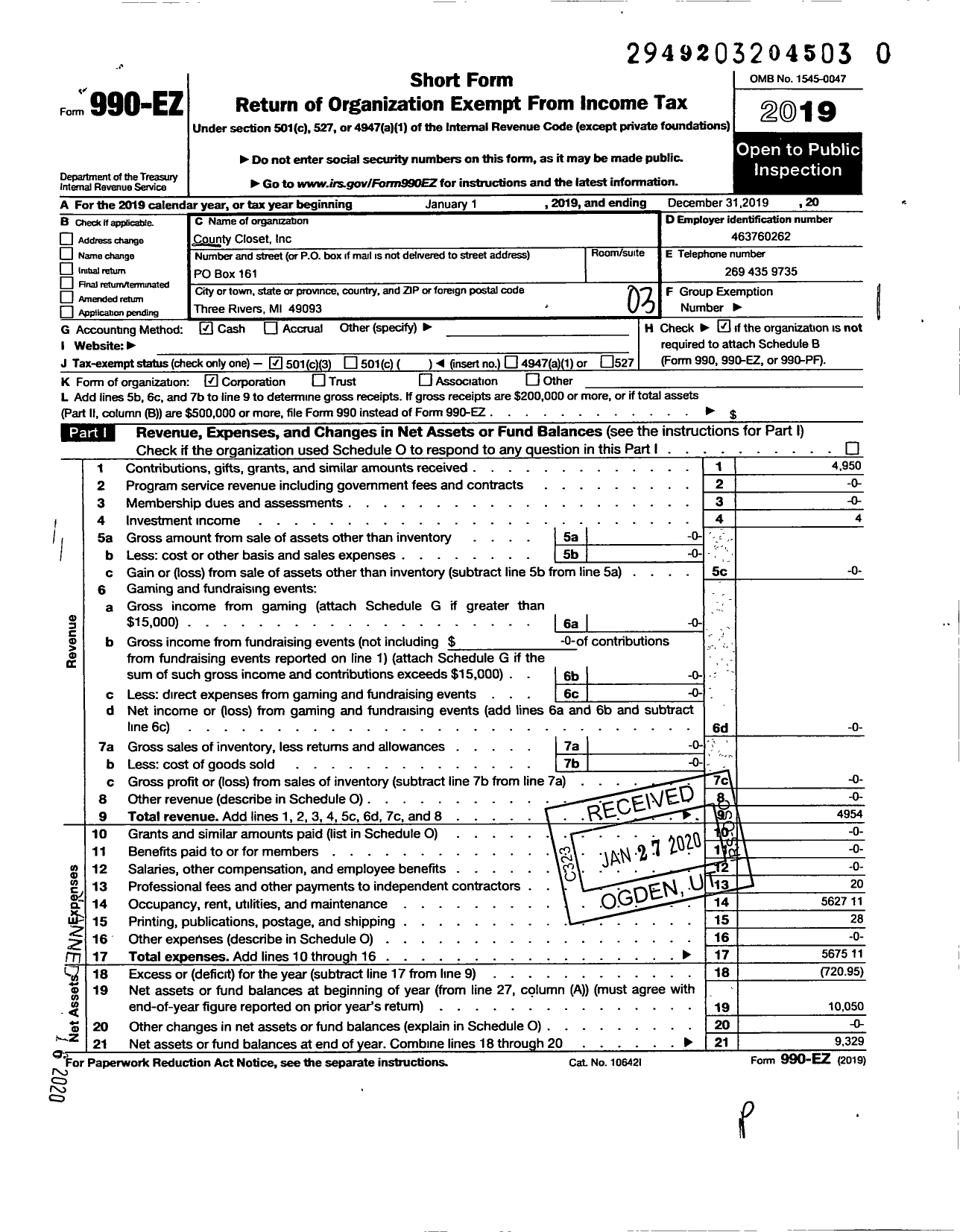 Image of first page of 2019 Form 990EZ for County Closet