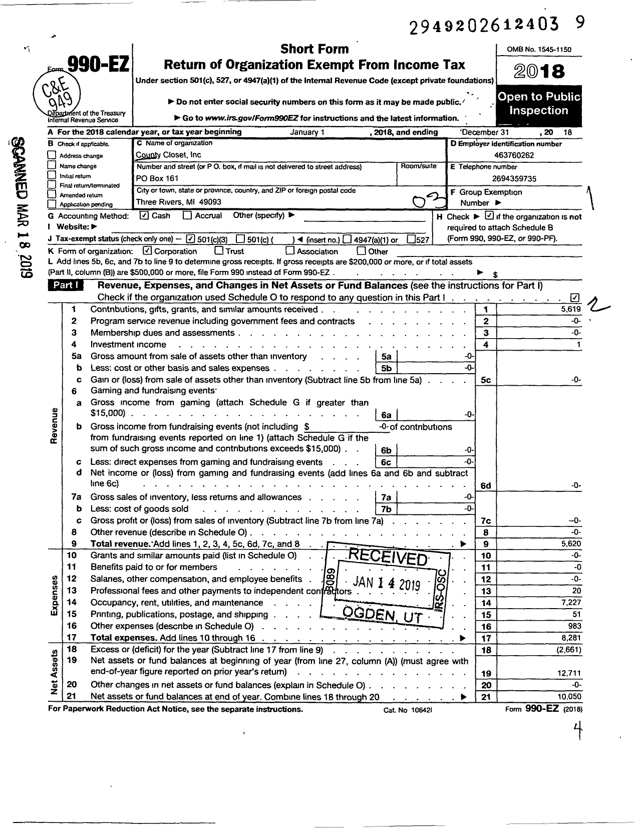 Image of first page of 2018 Form 990EZ for County Closet