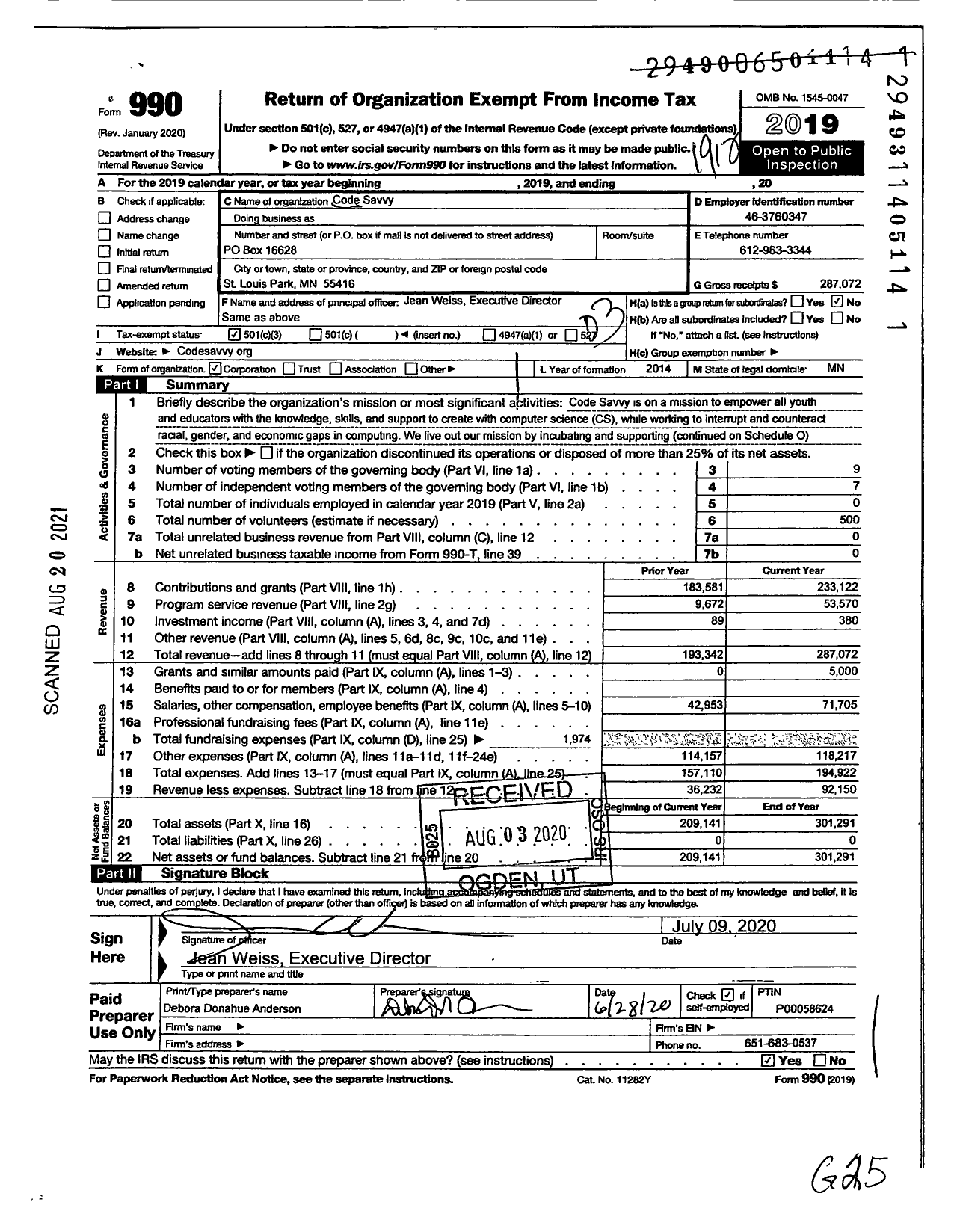 Image of first page of 2019 Form 990 for Code Savvy