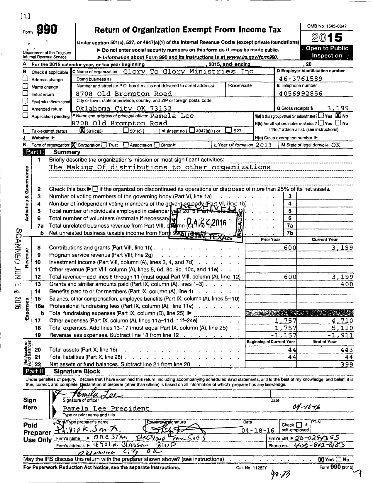 Image of first page of 2015 Form 990 for Glory To Glory Ministries