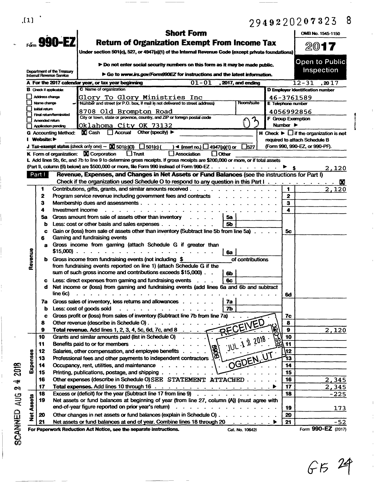 Image of first page of 2017 Form 990EZ for Glory To Glory Ministries