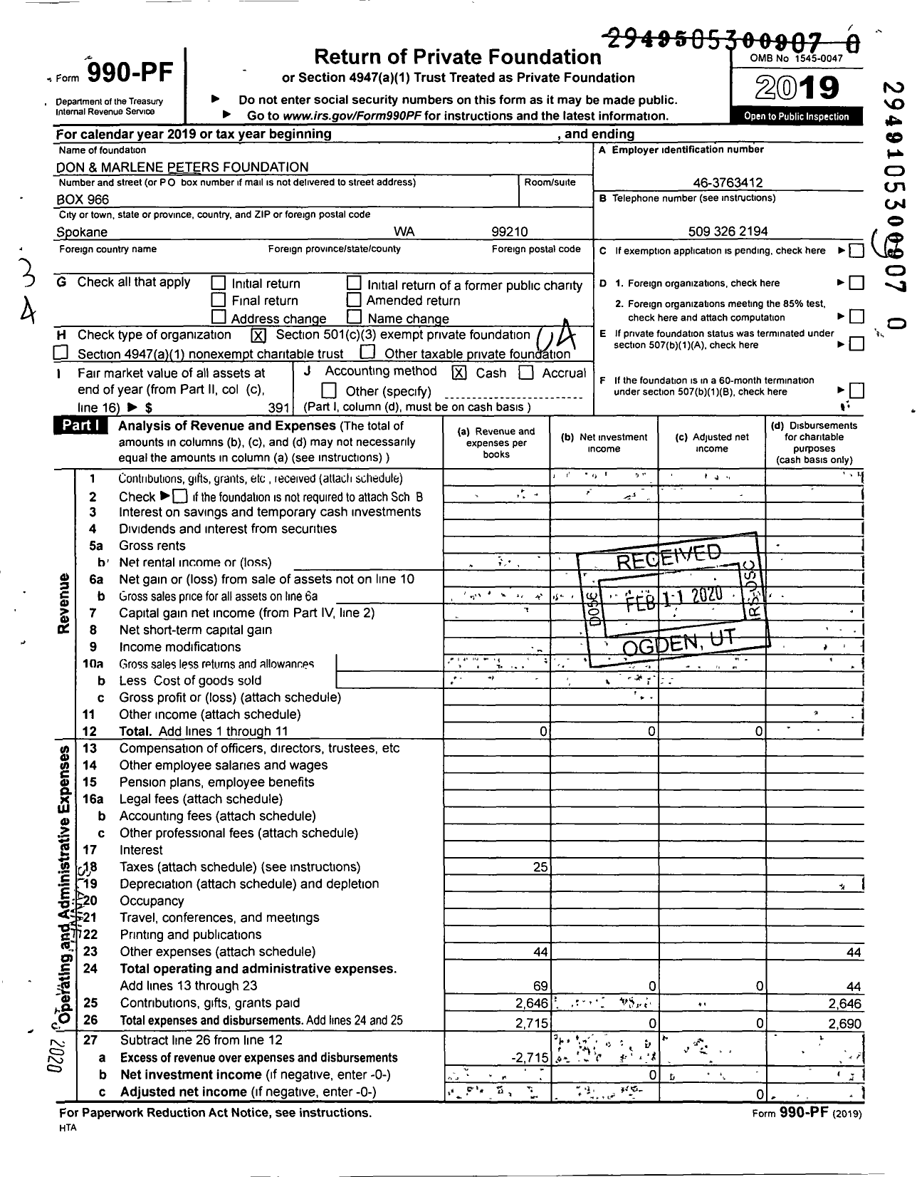 Image of first page of 2019 Form 990PR for Don and Marlene Peters Foundation