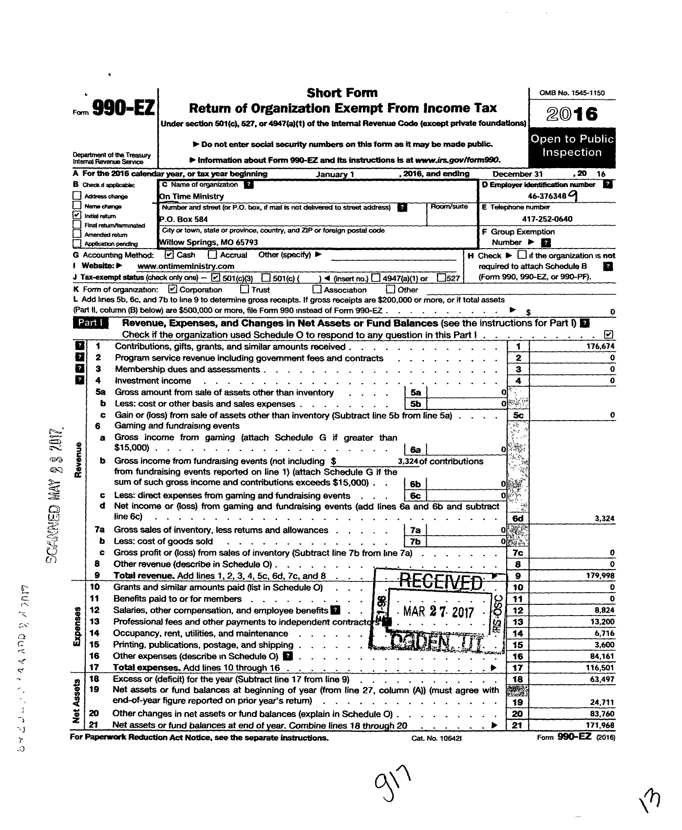 Image of first page of 2016 Form 990EZ for On Time Ministry