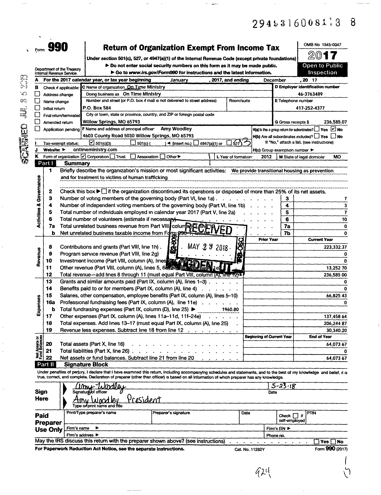 Image of first page of 2017 Form 990 for On Time Ministry