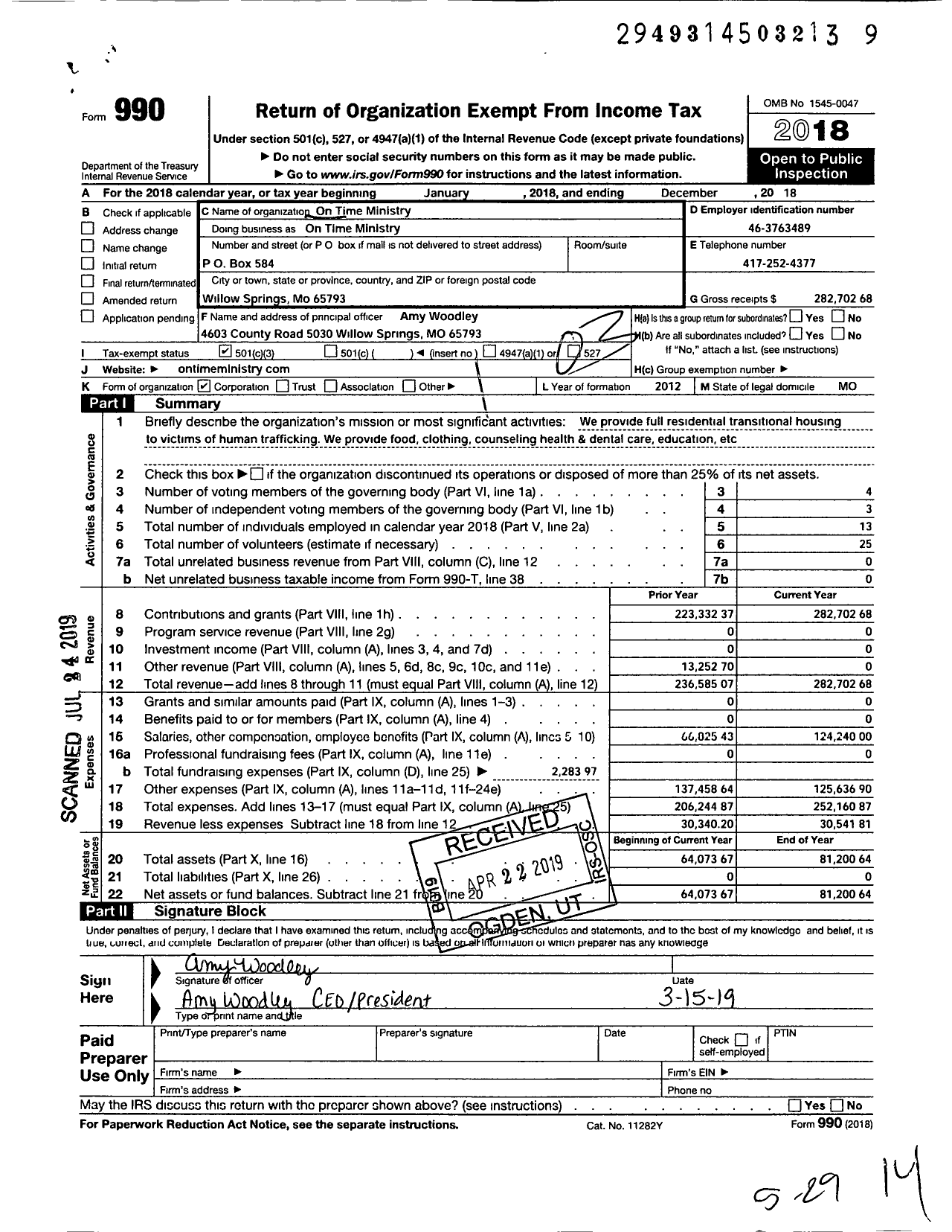 Image of first page of 2018 Form 990 for On Time Ministry