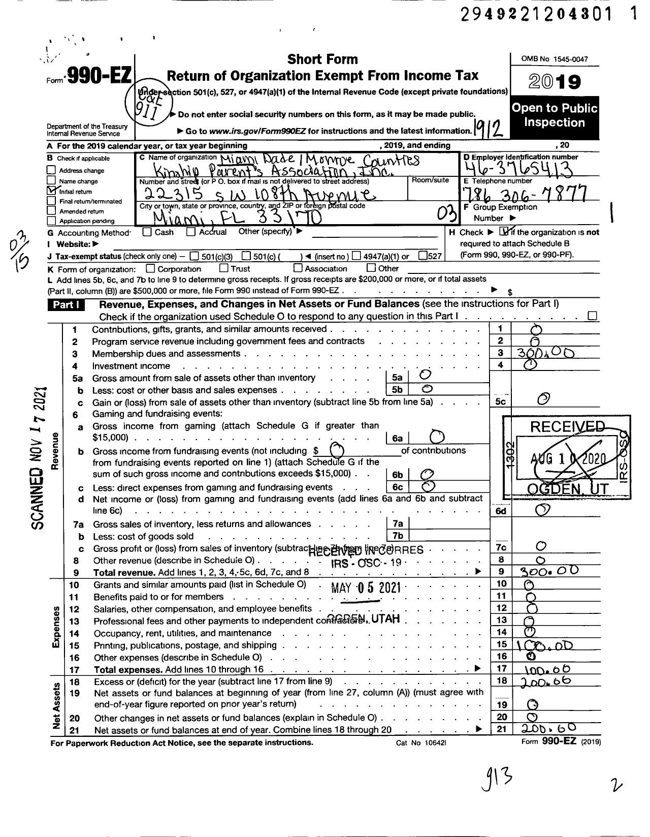 Image of first page of 2019 Form 990EZ for Miami Dade Monroe Counties Kinship Parents Association