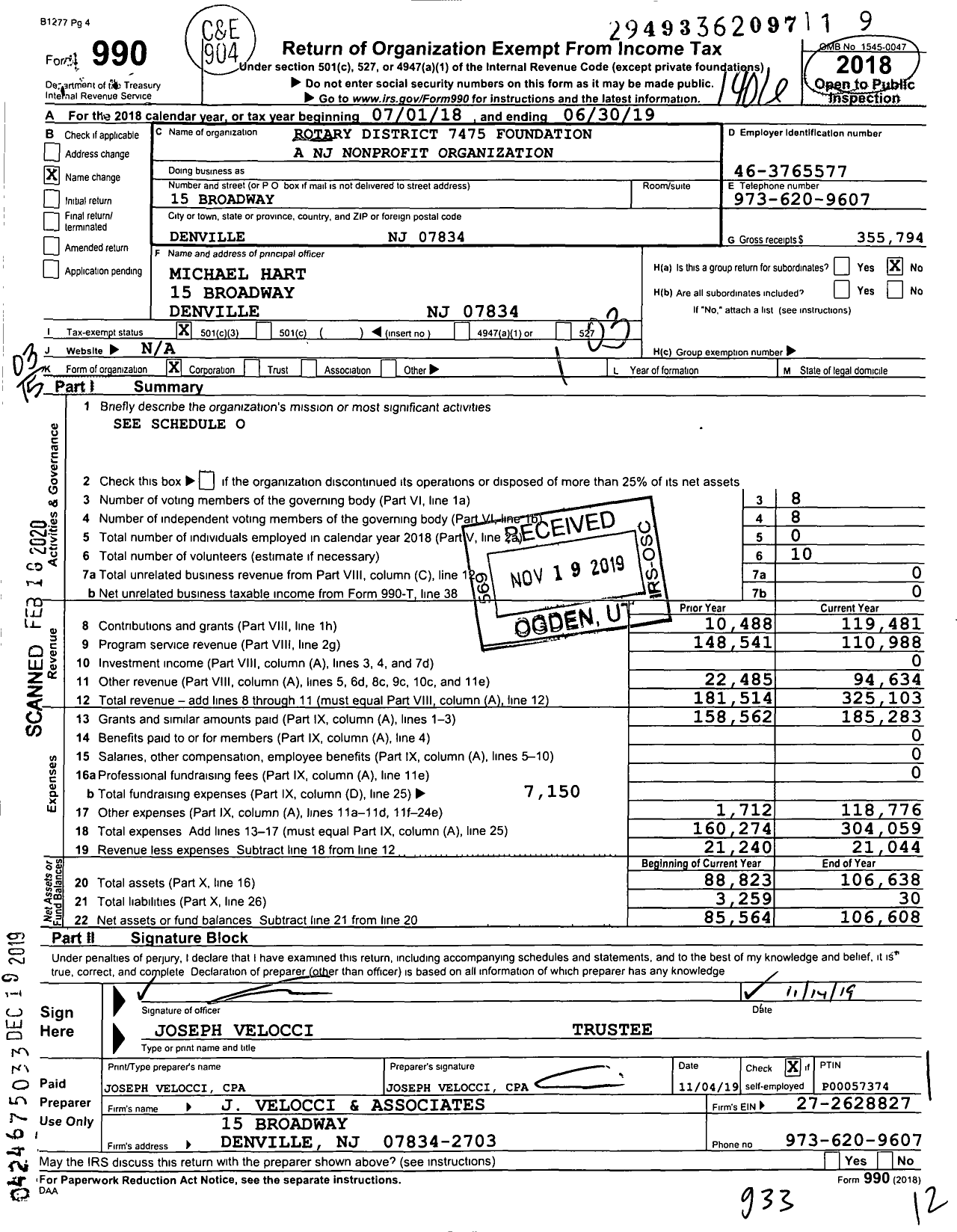 Image of first page of 2018 Form 990 for Rotary D7475 Service Foundation