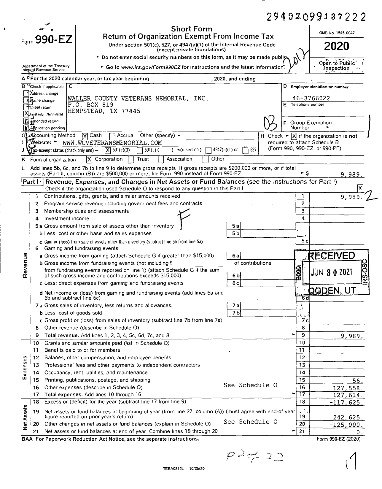 Image of first page of 2020 Form 990EZ for Waller County Veterans Memorial
