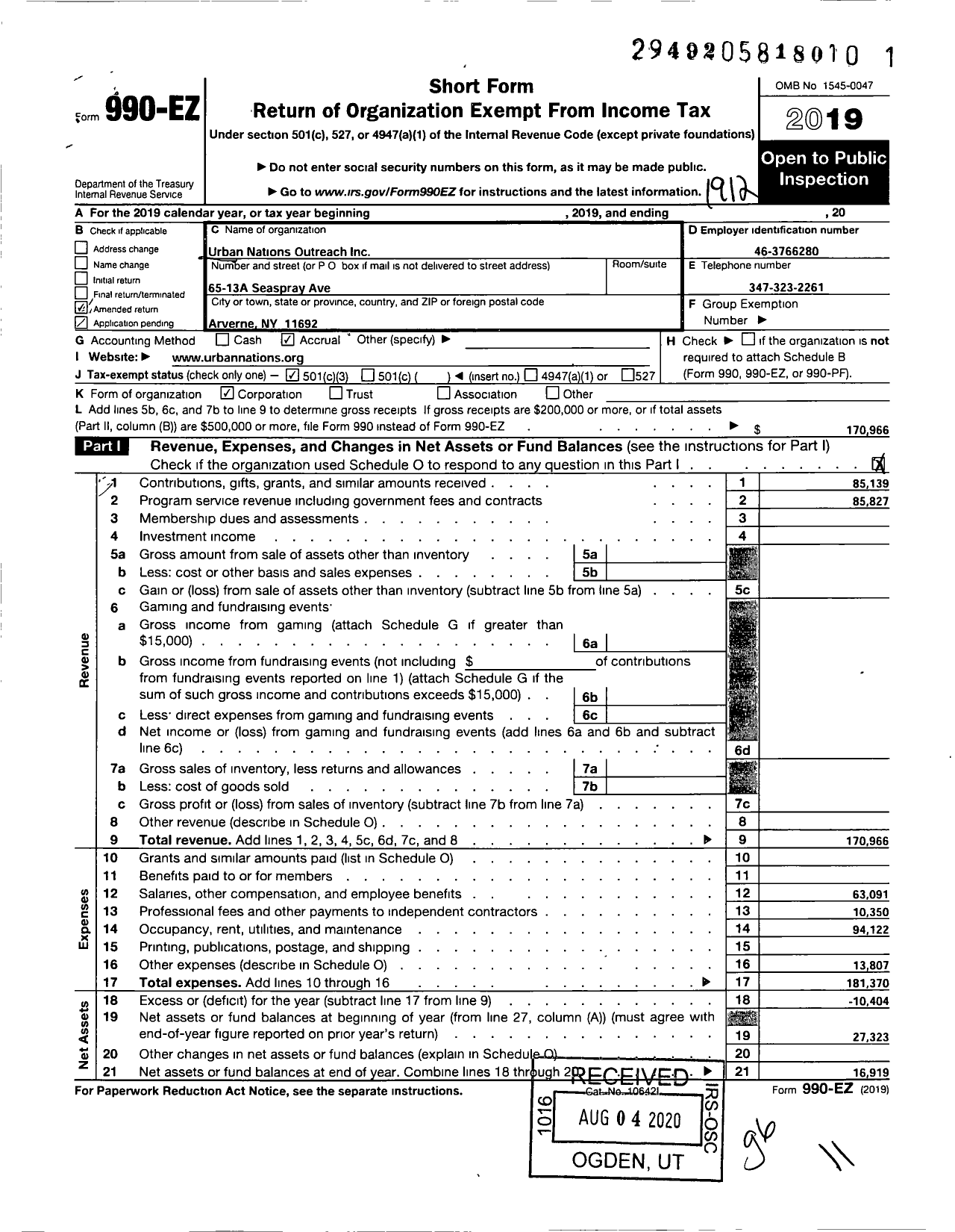 Image of first page of 2019 Form 990EZ for Urban Nations Outreach