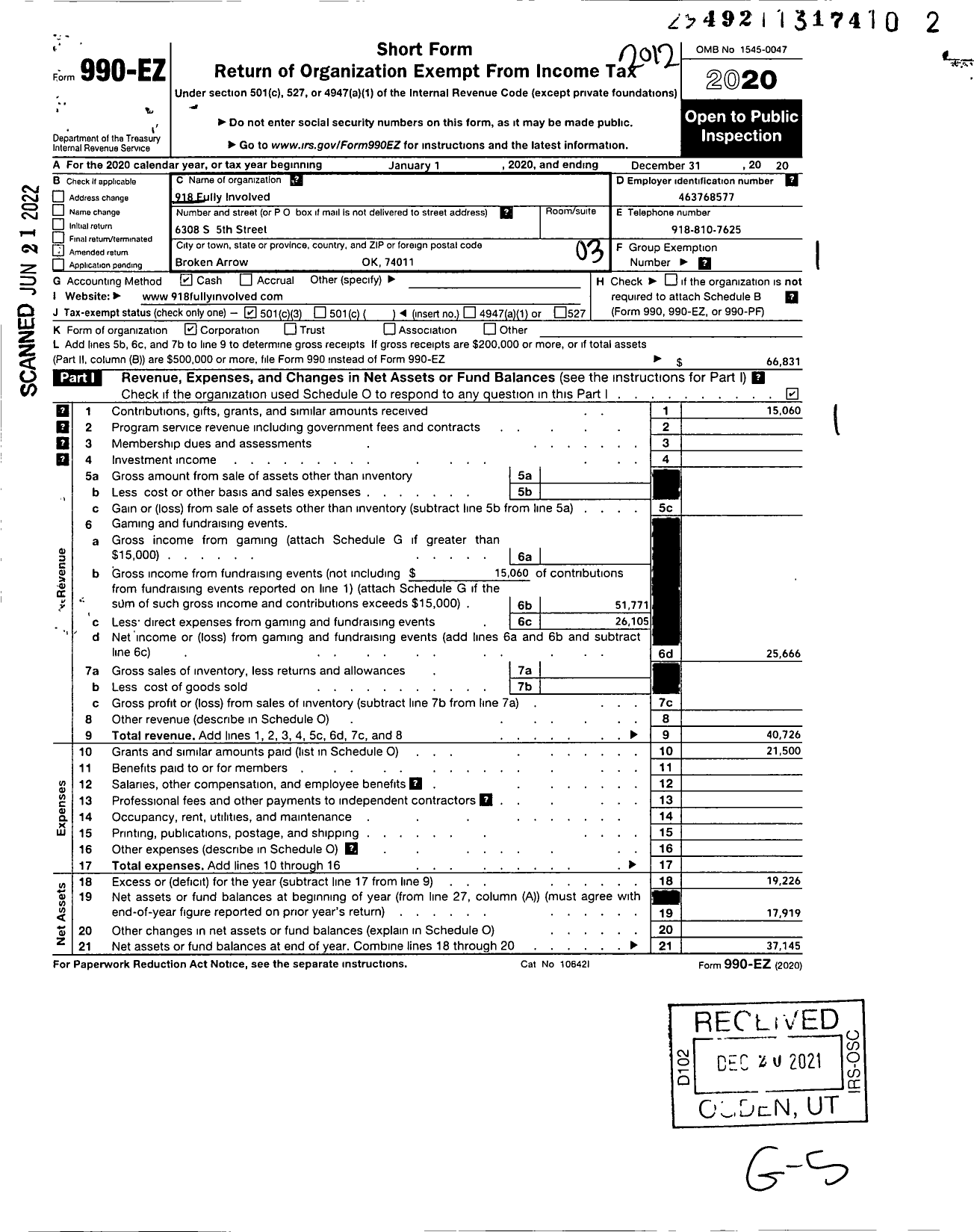 Image of first page of 2020 Form 990EZ for 918 Fully Involved