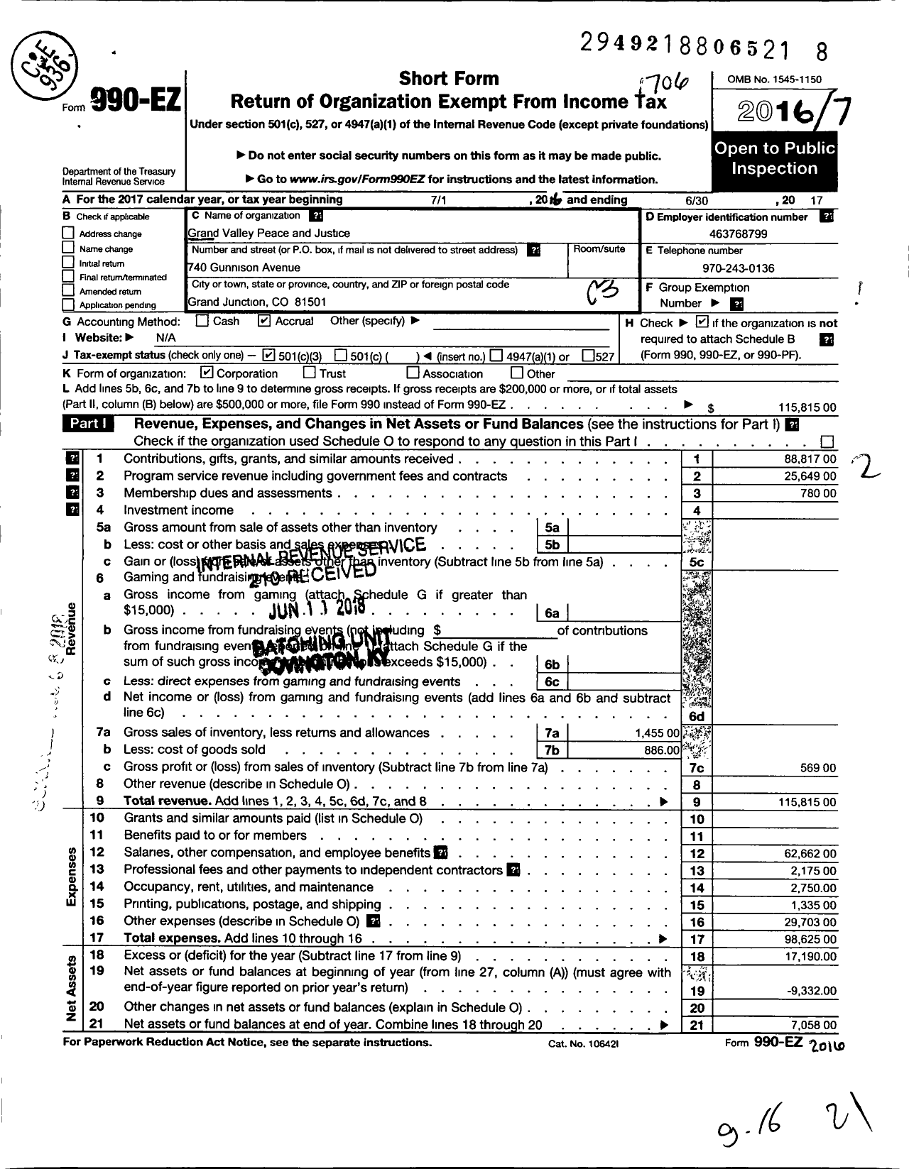 Image of first page of 2016 Form 990EZ for Grand Valley Peace and Justice