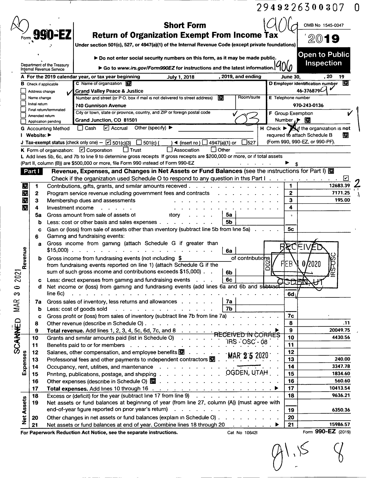 Image of first page of 2018 Form 990EZ for Grand Valley Peace and Justice