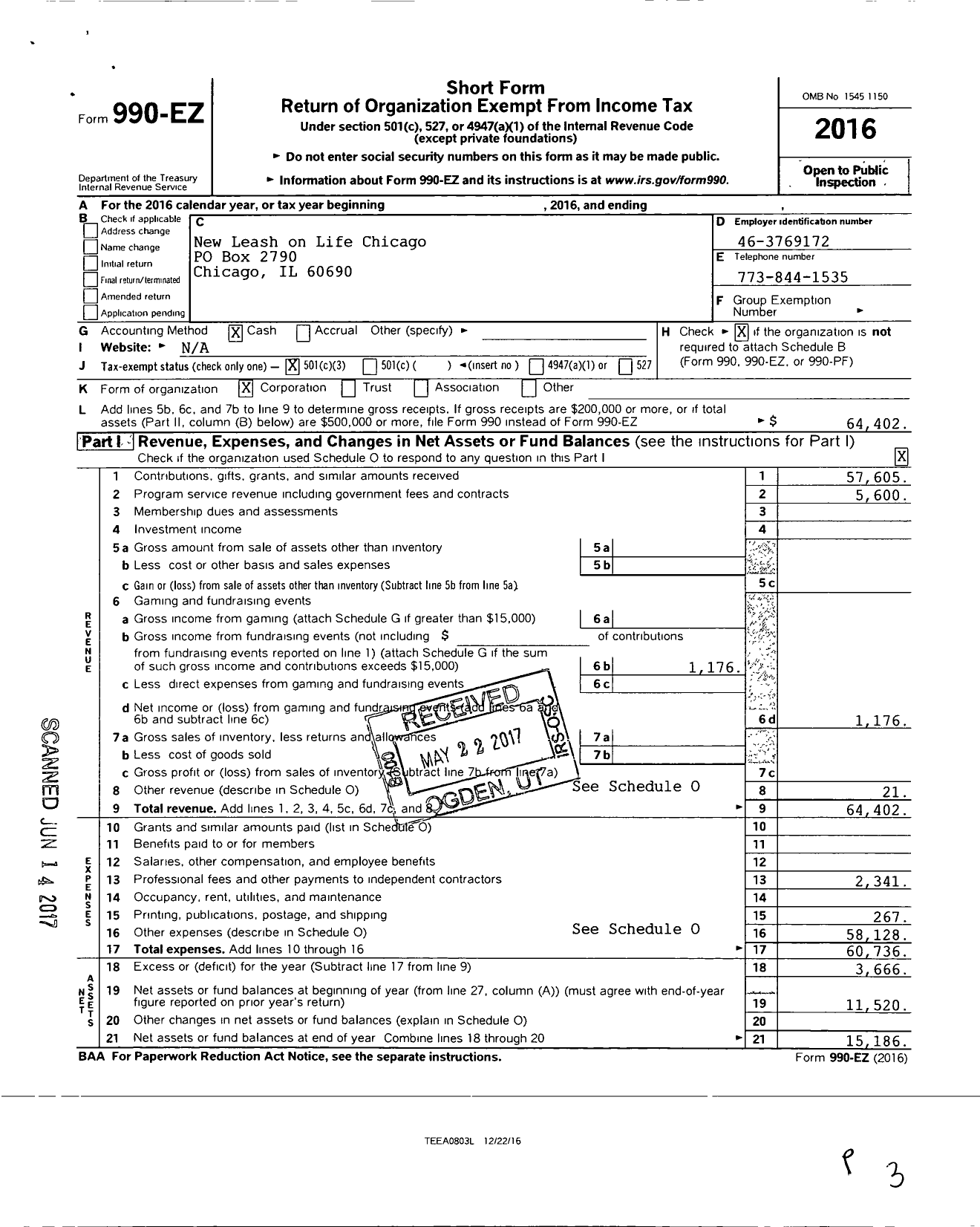 Image of first page of 2016 Form 990EZ for New Leash on Life Chicago