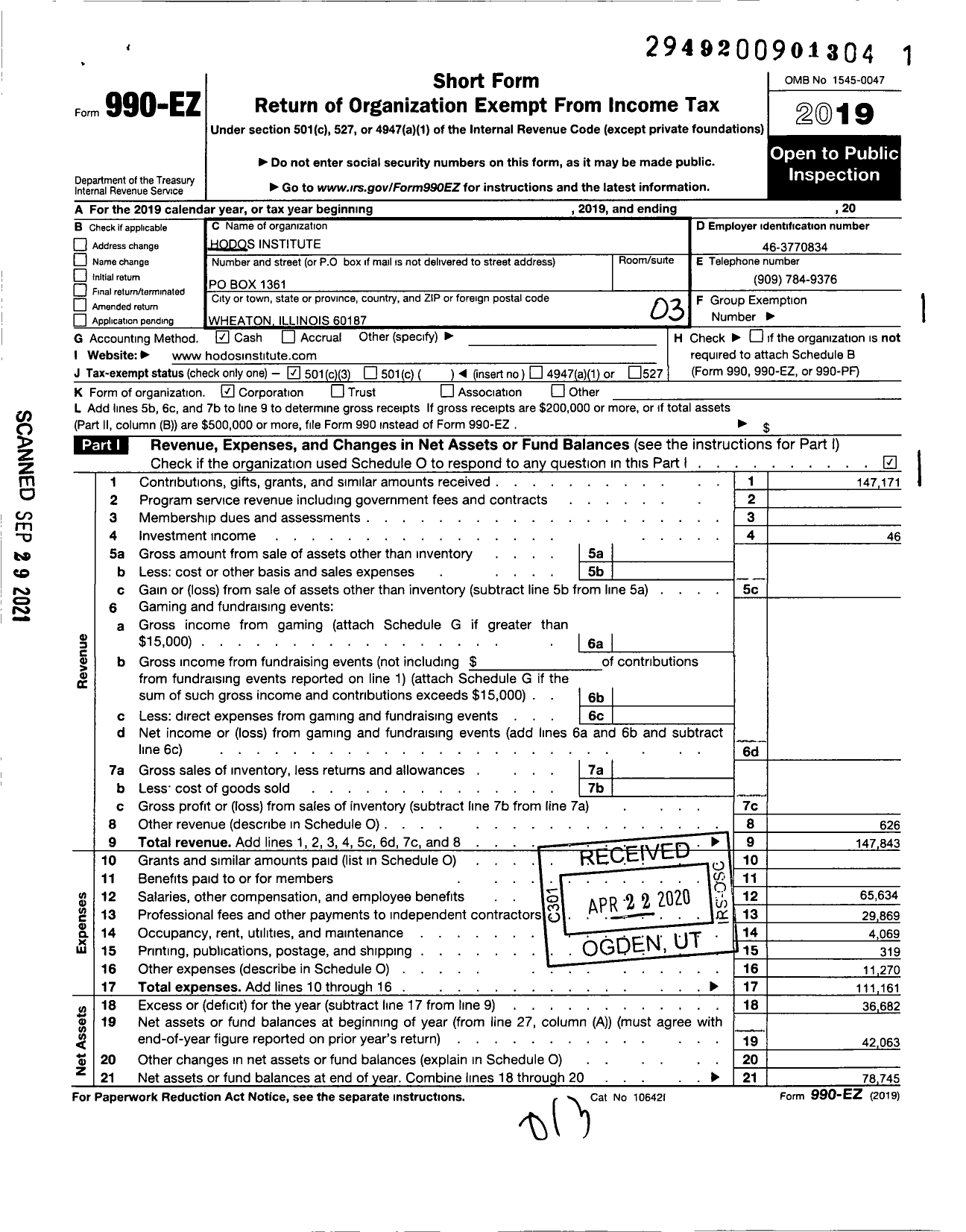 Image of first page of 2019 Form 990EZ for Hodos Institute