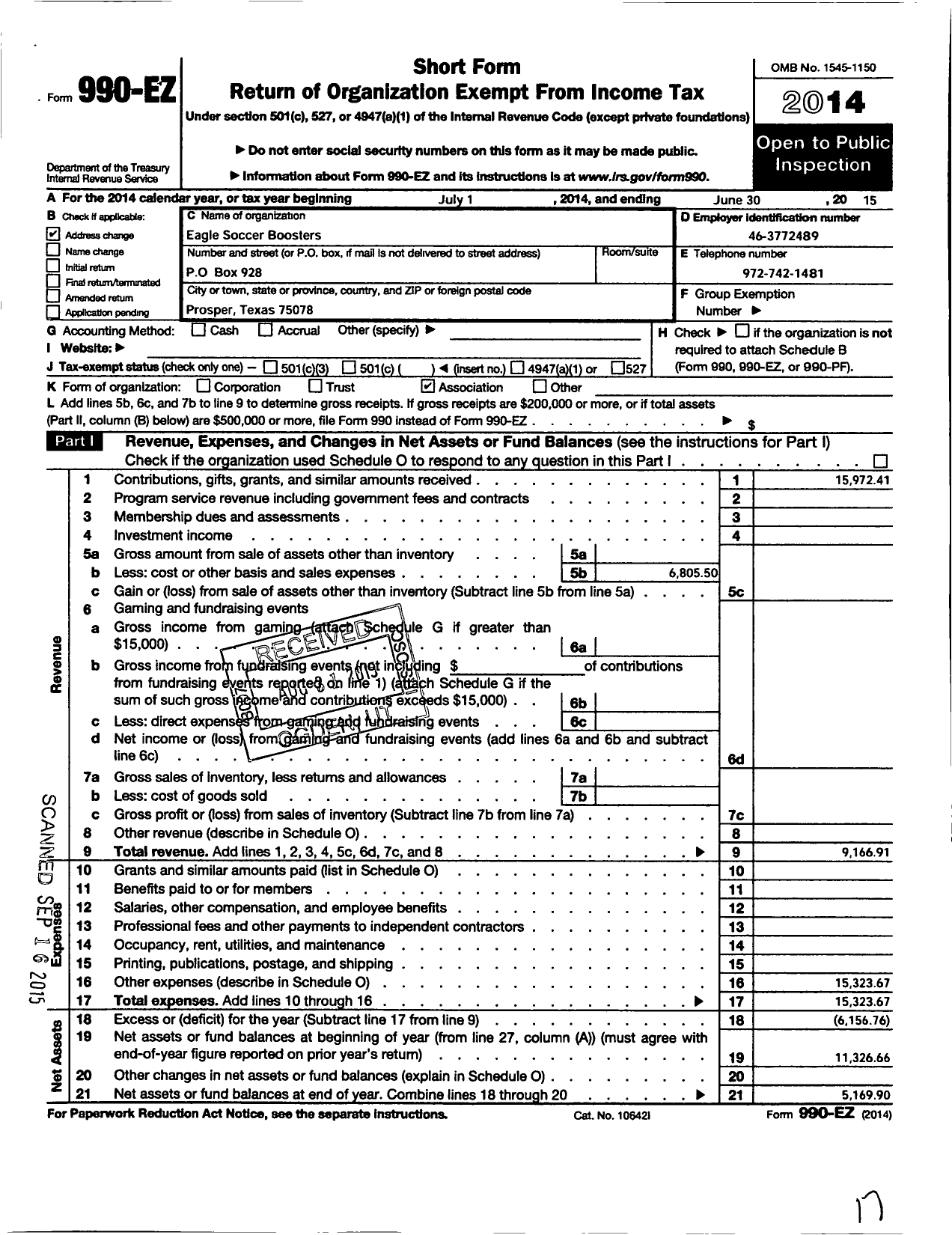 Image of first page of 2014 Form 990EO for Eagle Soccer Boosters