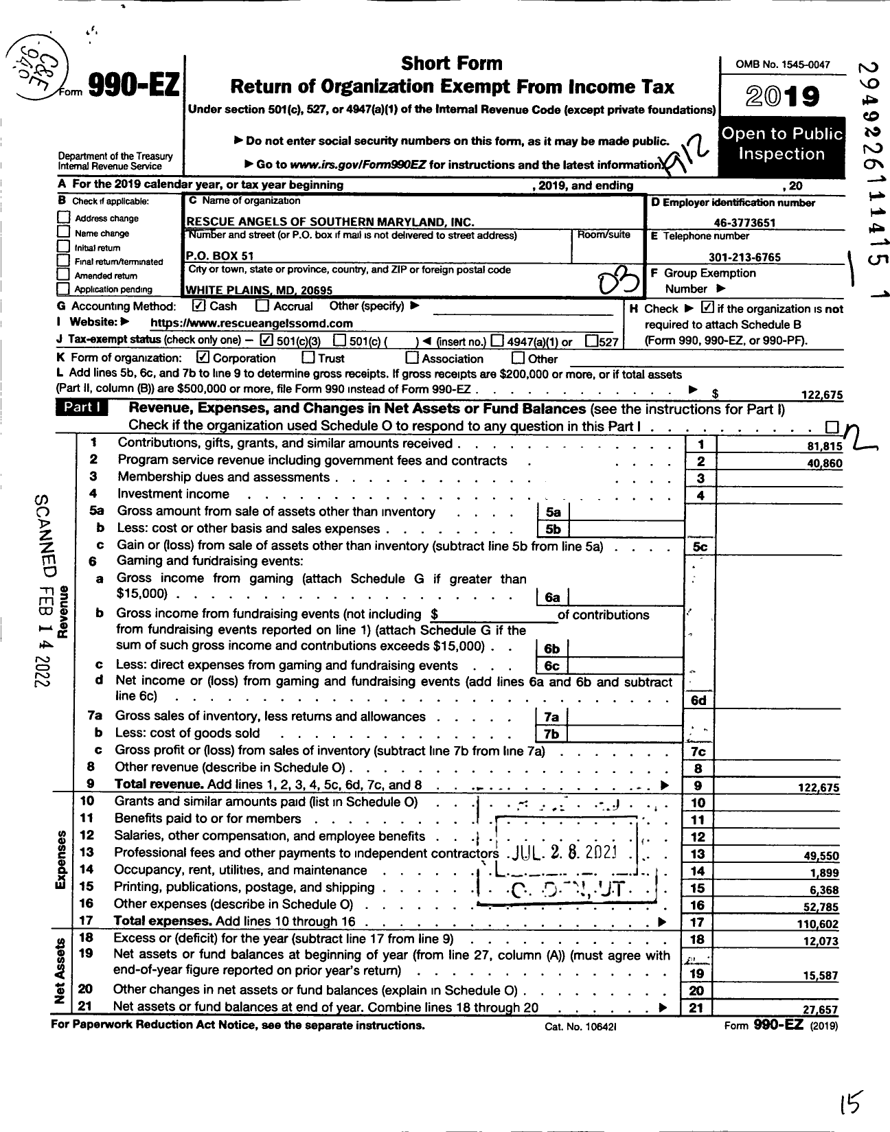 Image of first page of 2019 Form 990EZ for Rescue Angels of Southern Maryland