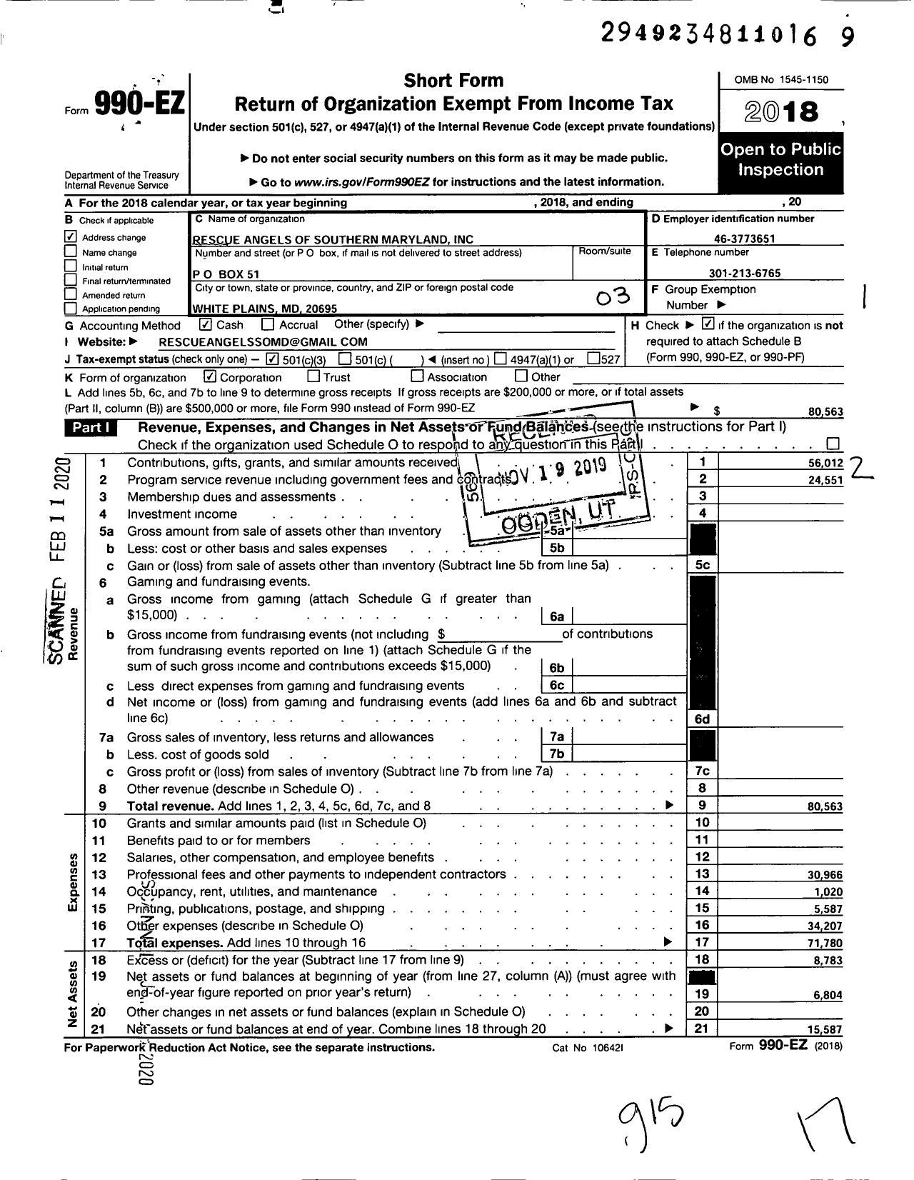 Image of first page of 2018 Form 990EZ for Rescue Angels of Southern Maryland